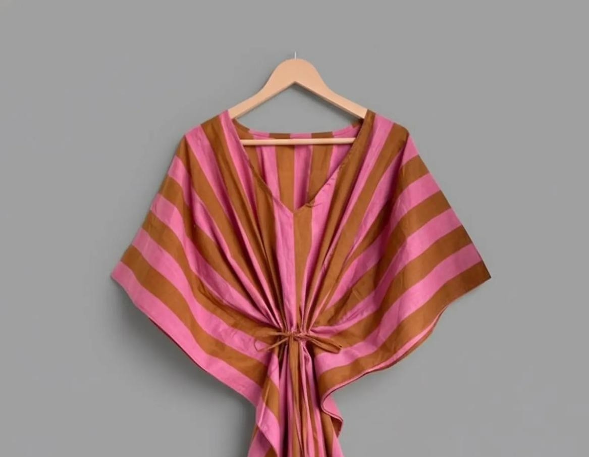 Indian Pink Handmade Cotton Striped Kaftan Maxi Dress Women’s Clothing Gown US