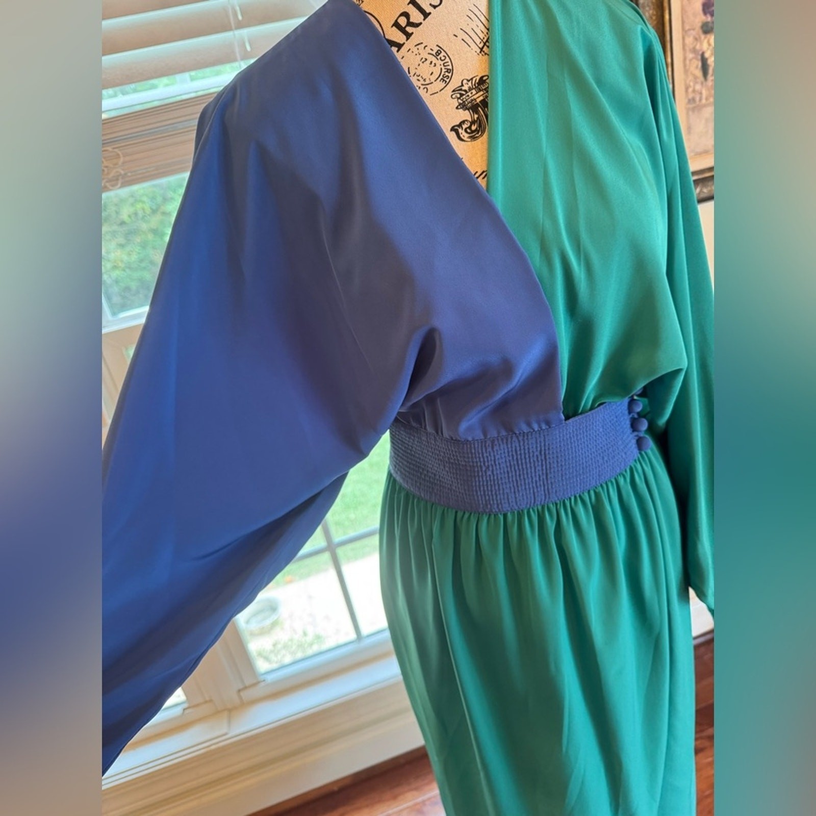 Adele Simpson Vintage Color Block Bat Wing Dress Blue Green Flowy Long Sleeve 8