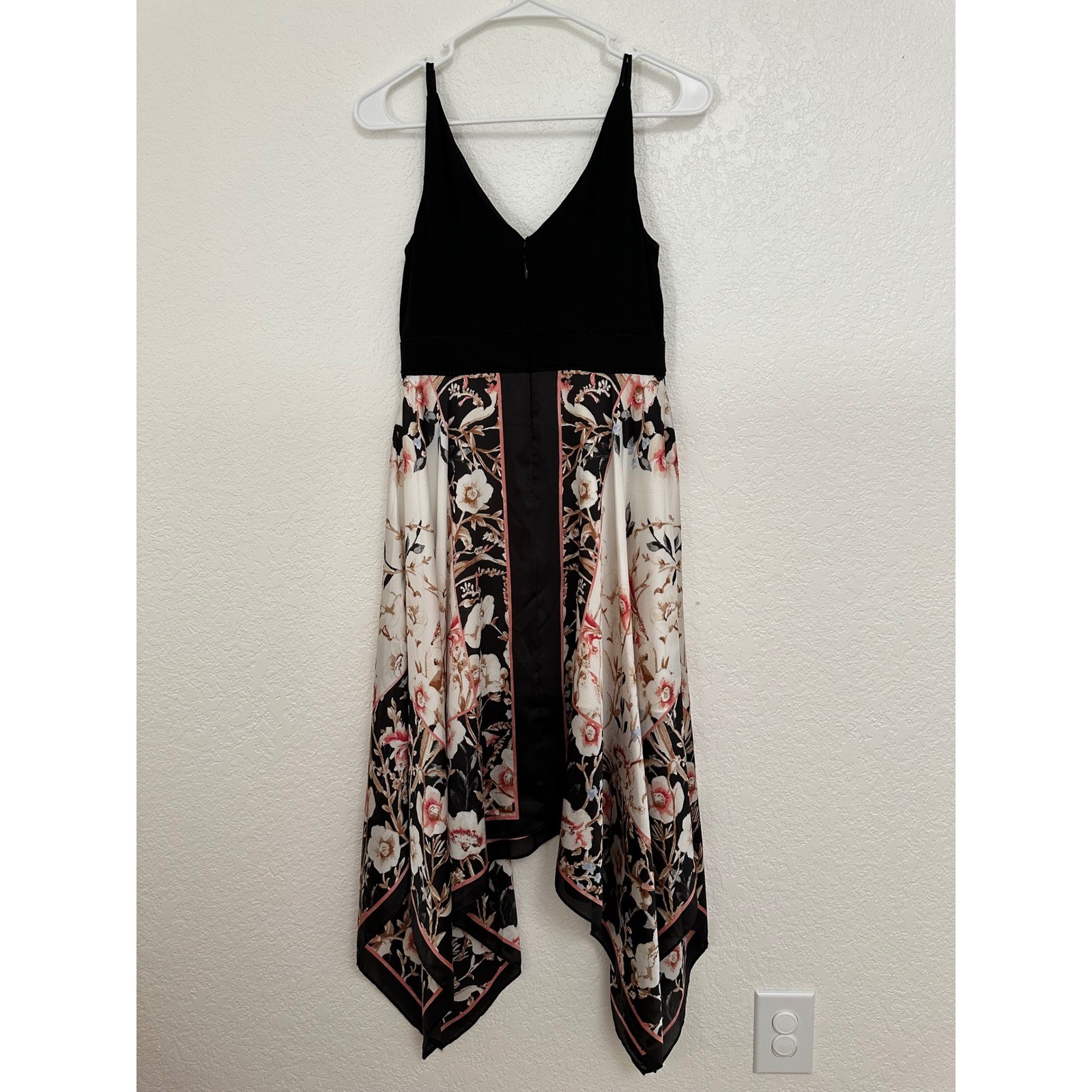 White House Black Market Floral Handkerchief Midi Dress Black Pink 2P Petite