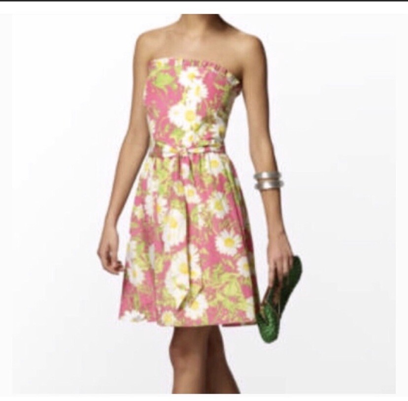 LILLY PULITZER WHITE Pink Red Briddie Printed Lawn STRAPLESS DRESS SZ 4