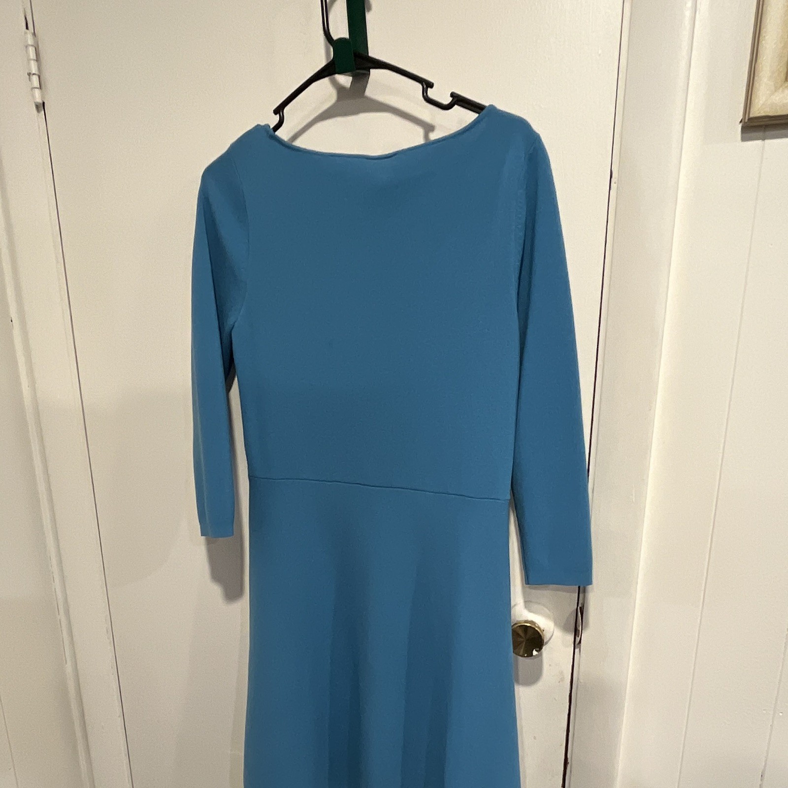 Ann Taylor Blue Solid Knit A-Line Boat Neck 3/4 Sleeve Knee Dress 8