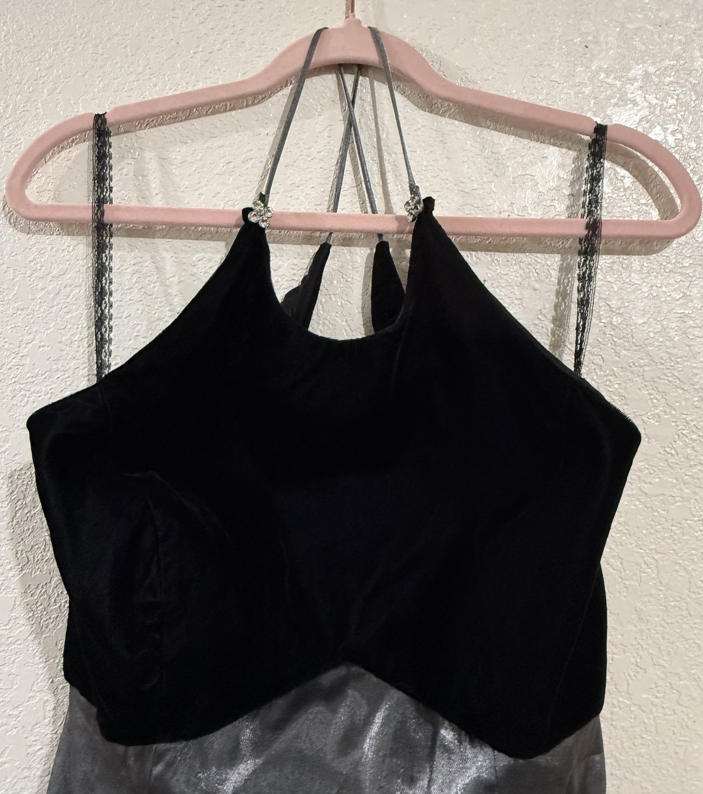 Mini Black Gray Satin Halter Fit & Flare Rhinestone Zip Dress 11/12