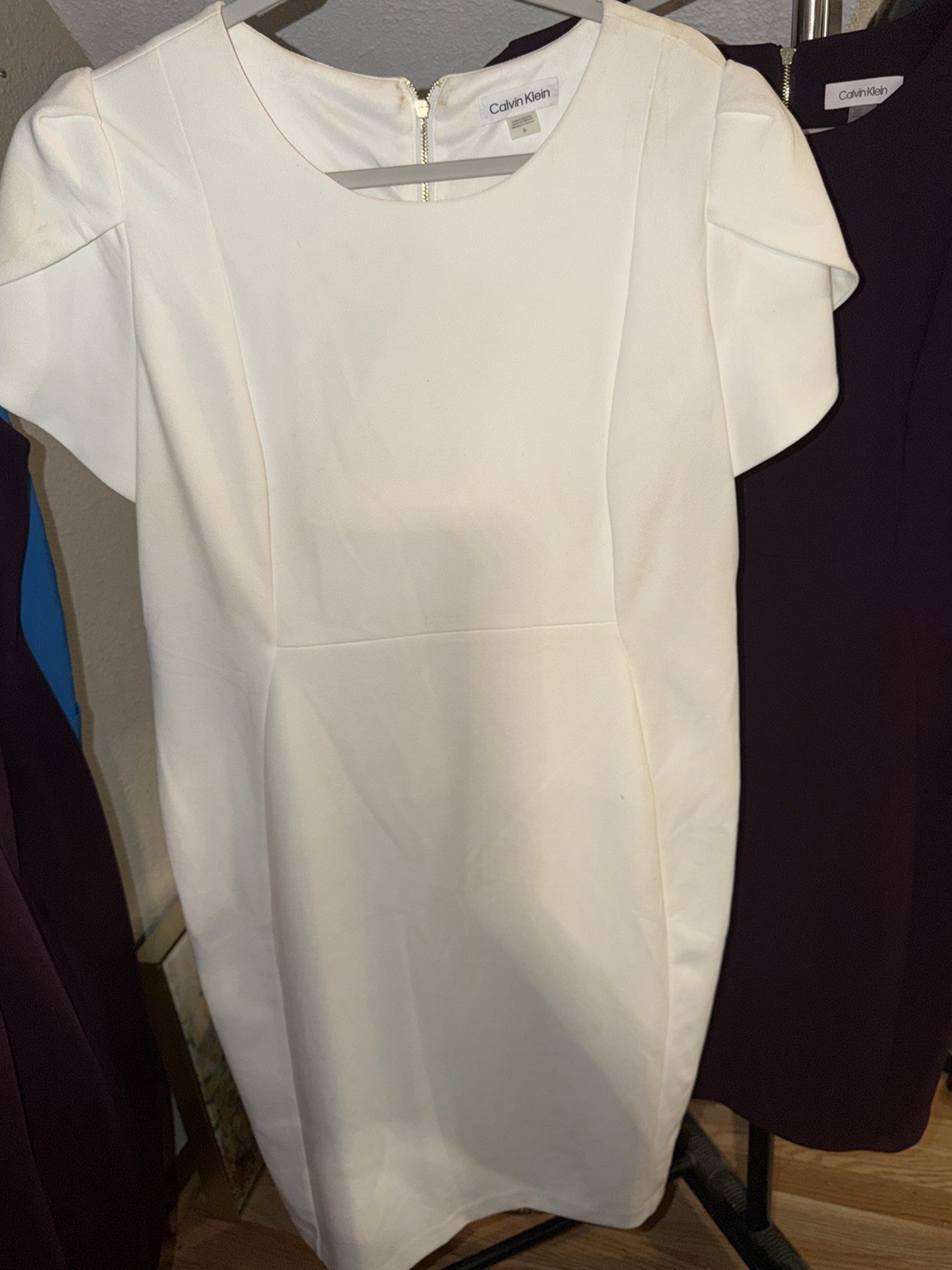 Calvin Klein White Tulip Sleeve Sheath Dress Size 16 Career Office
