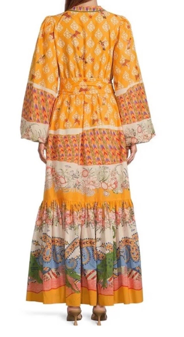 A Loves A Border Print Mandarin Collar Maxi Dress Sz XS Boho Hummingbird Bird