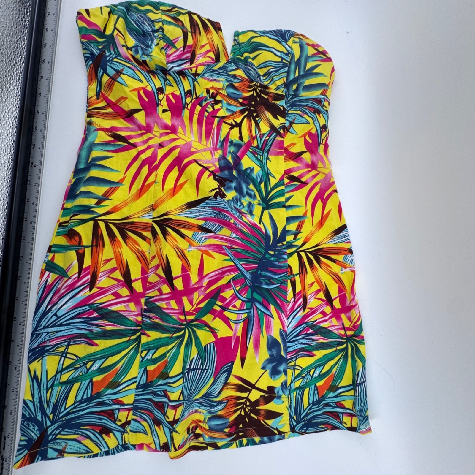 do & be Yellow Tropical Floral Strapless Mini Dress Sweetheart Neckline L