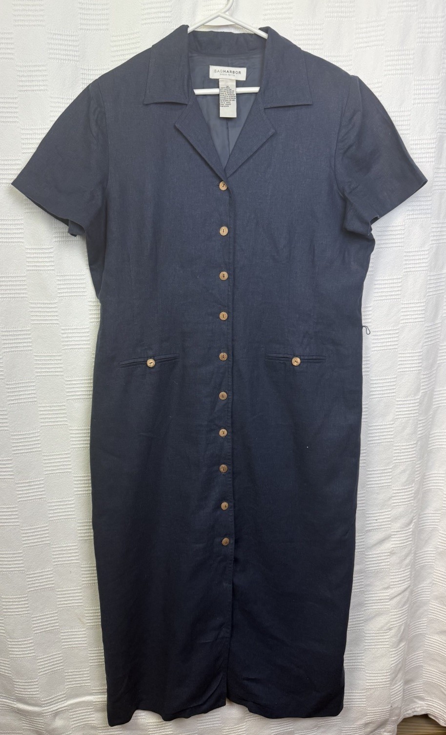 VTG Sag Harbor Navy Linen Blend Shirt Dress Sz 14P Wood Buttons Academia Modest