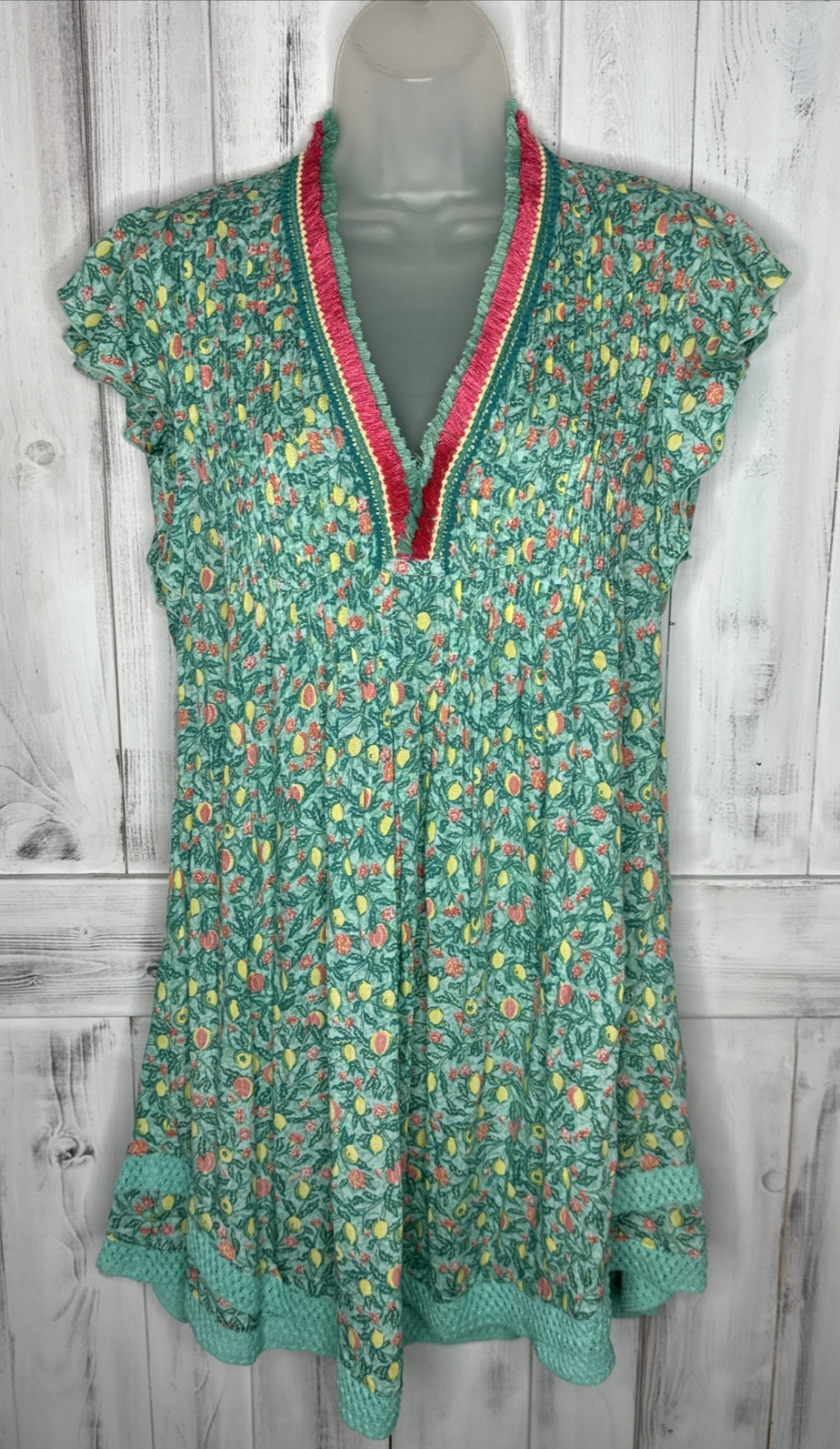 Poupette St Barth Sasha Mini Dress Women’s XS Teal Floral Lemons Flutter Sleeve