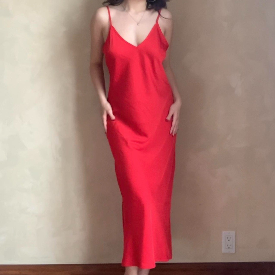 Red Slip Dress V neck Midi Light Sleeveless A New Day Womens S Party Boho Long