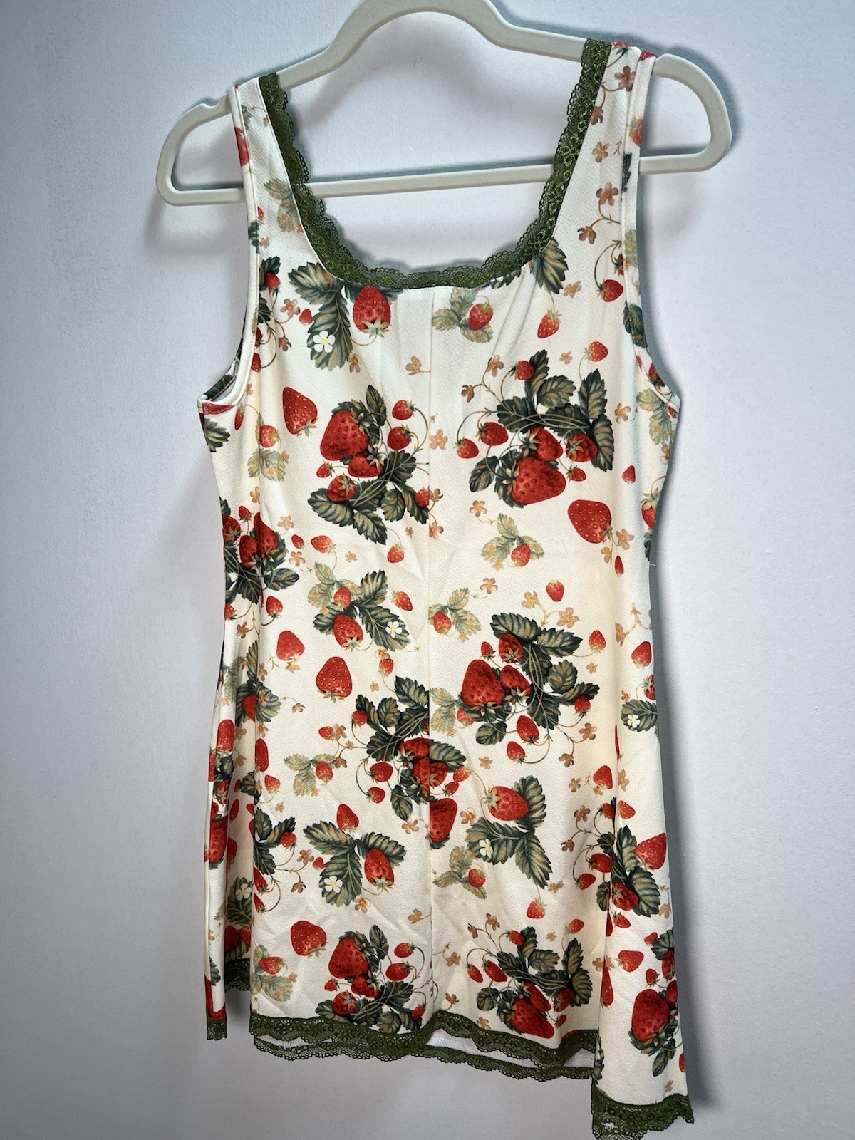 Cider NWT Strawberry Print Lace Trim Mini Dress Women’s L Cottagecore Coquette