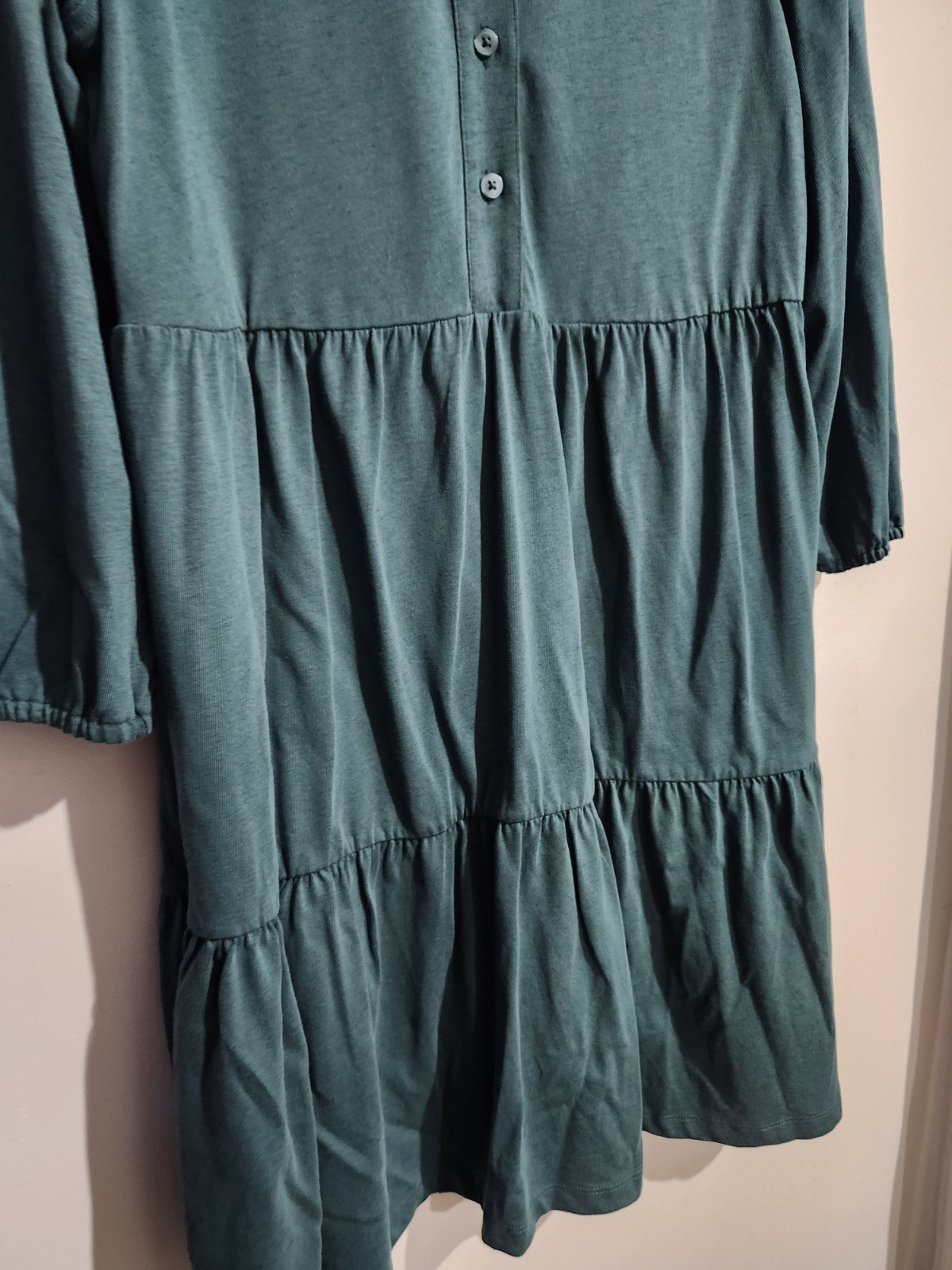 GAP Green Knit Button Tiered A-Line Dress Long Sleeve L Knee Length 60% Cotton