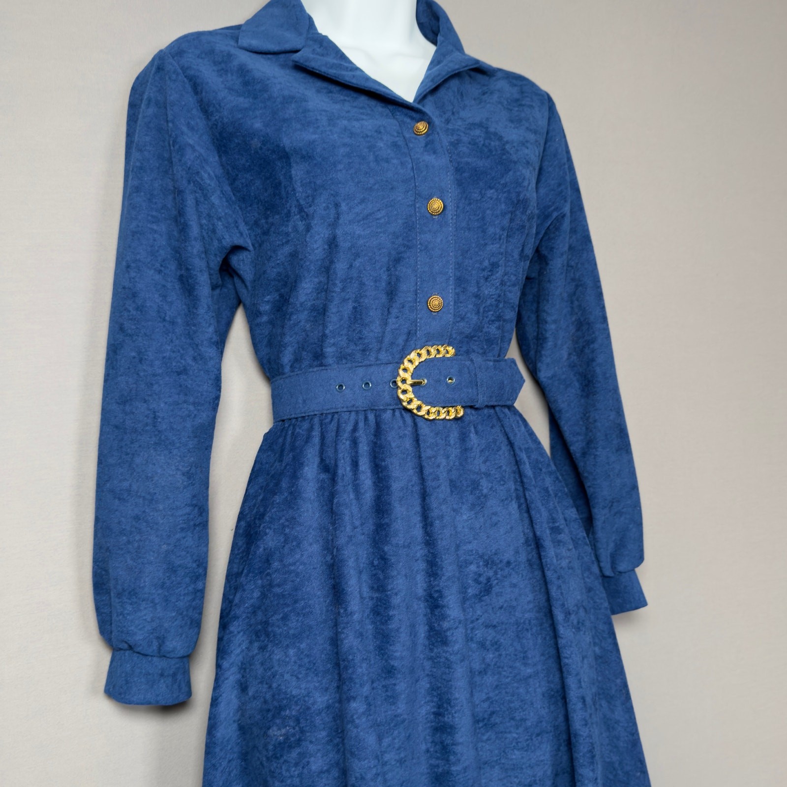 EJM Petites Vintage 80s Blue Velour Long Sleeve Belted Midi Dress Size 8