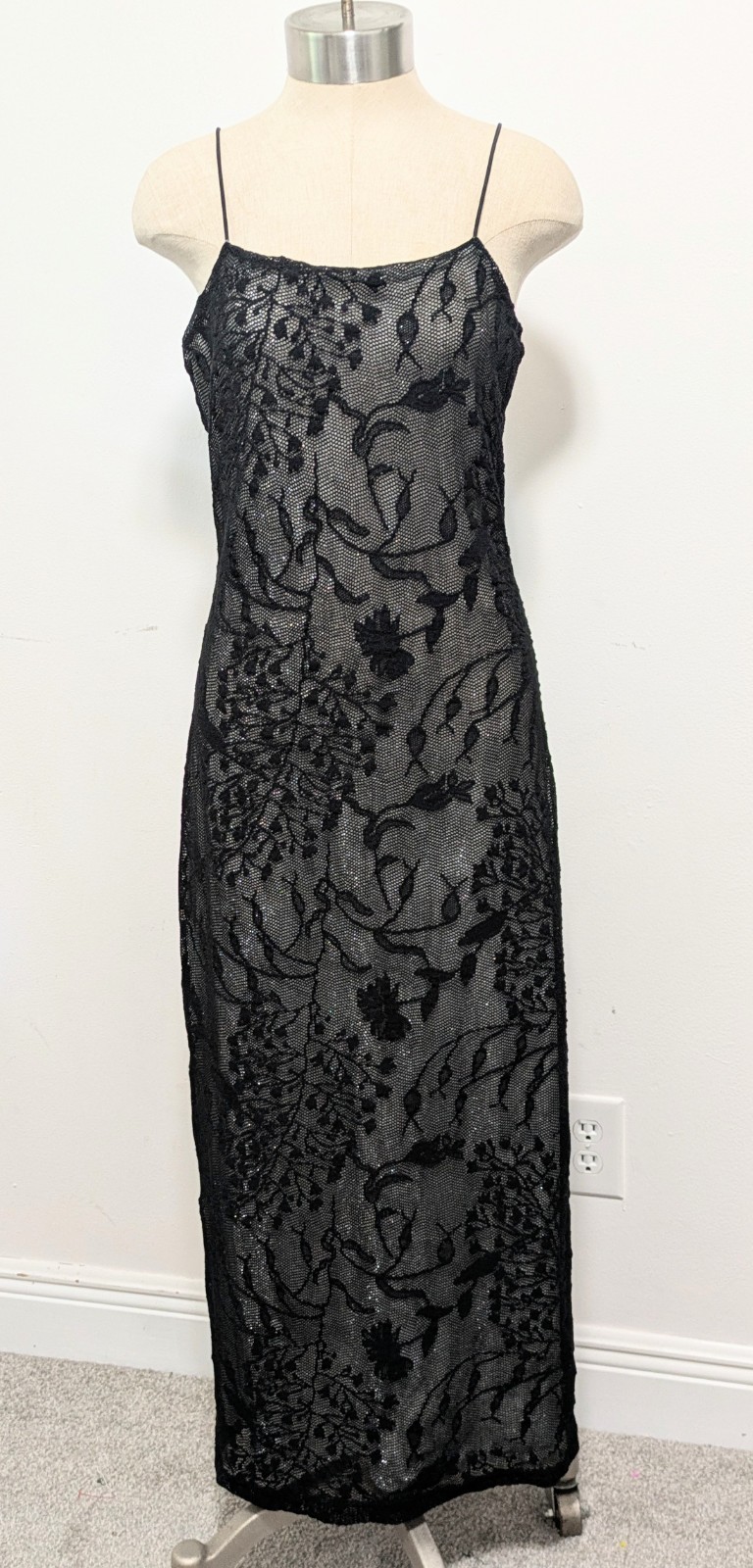 Vintage 90s Y2K Byer Too Sz L Maxi Tank Dress Mesh Overlay Silver Whimsigoth