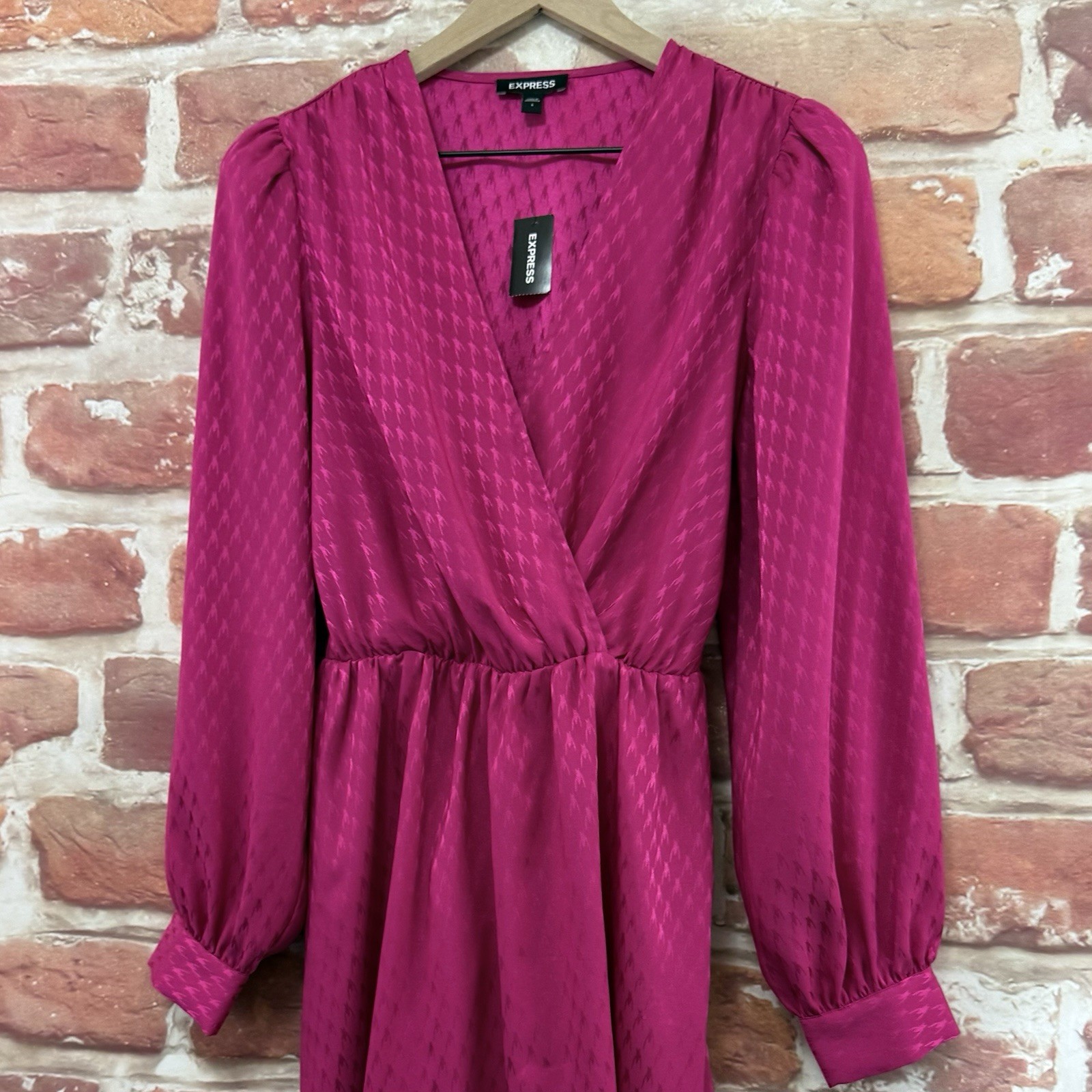 Express Dress Womens S Pink Houndstooth Abstract Satin Tie Back Surplice Wrap