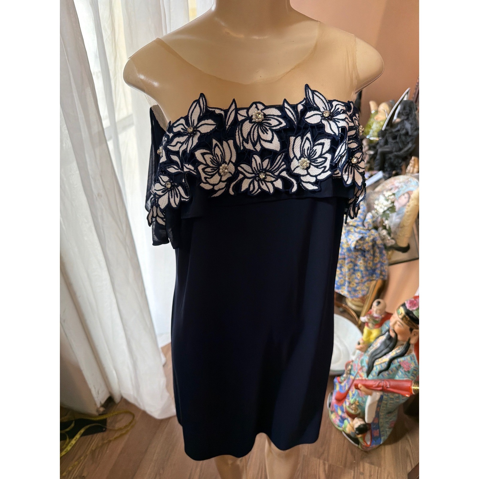 MSK Navy Blue Floral Lace Rhinestone Illusion Neck Cold Shoulder Dress Large