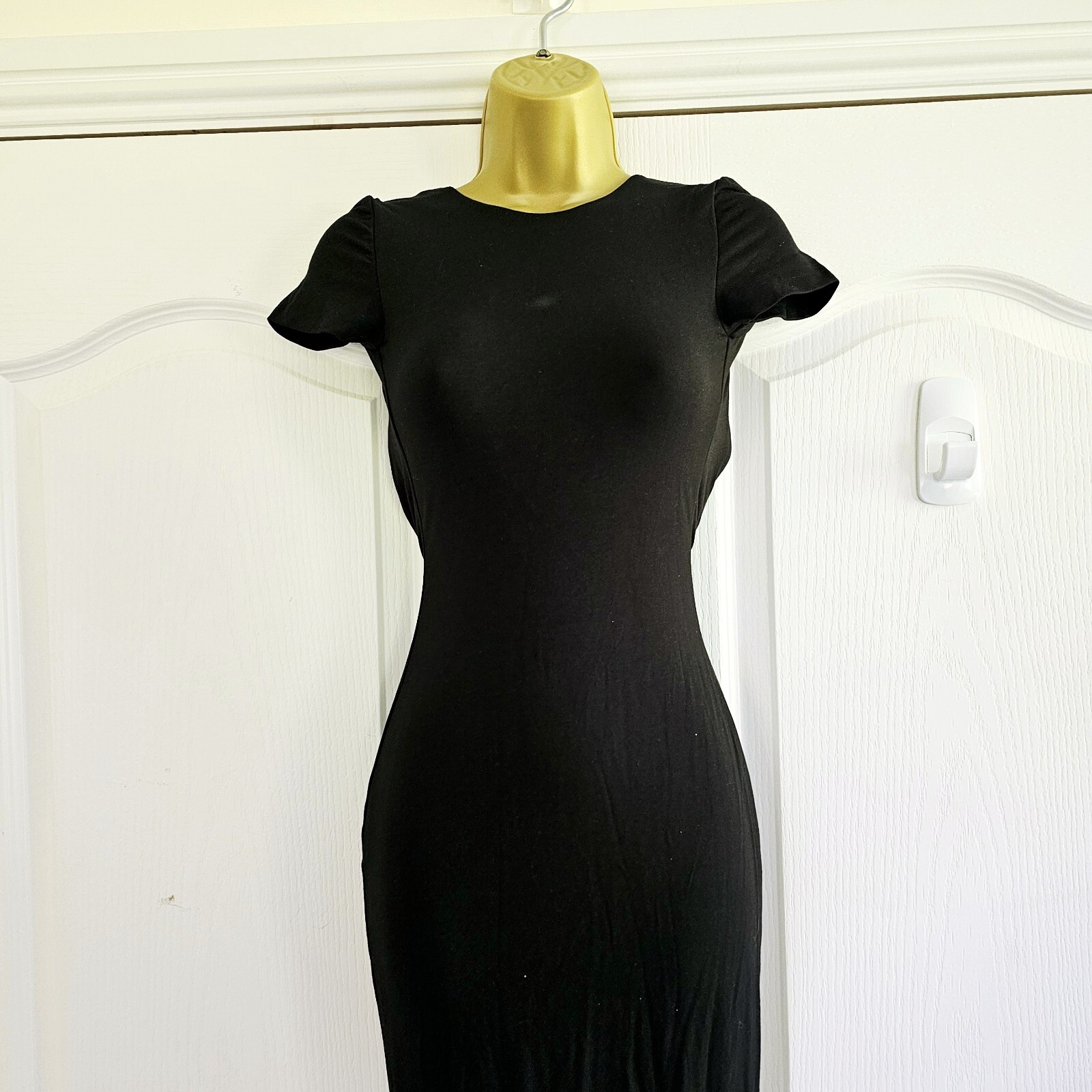 Oh Polly Backless Maxi Dress Size UK 6 Black Back Slit Stretch New with tags