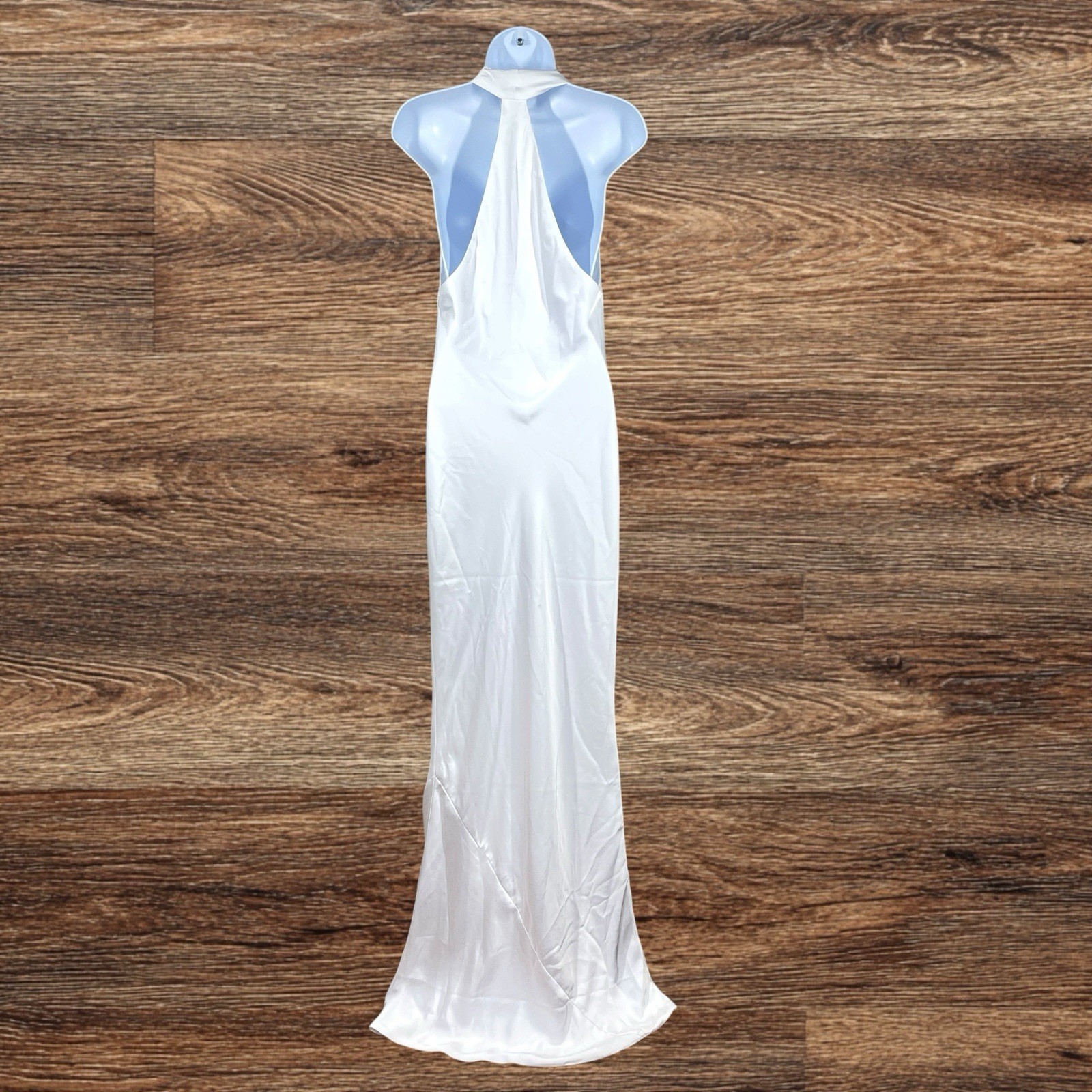 Norma Kamali Halter Drape Bias Gown Size XS White Satin Fishtail Hem Bridal Gala