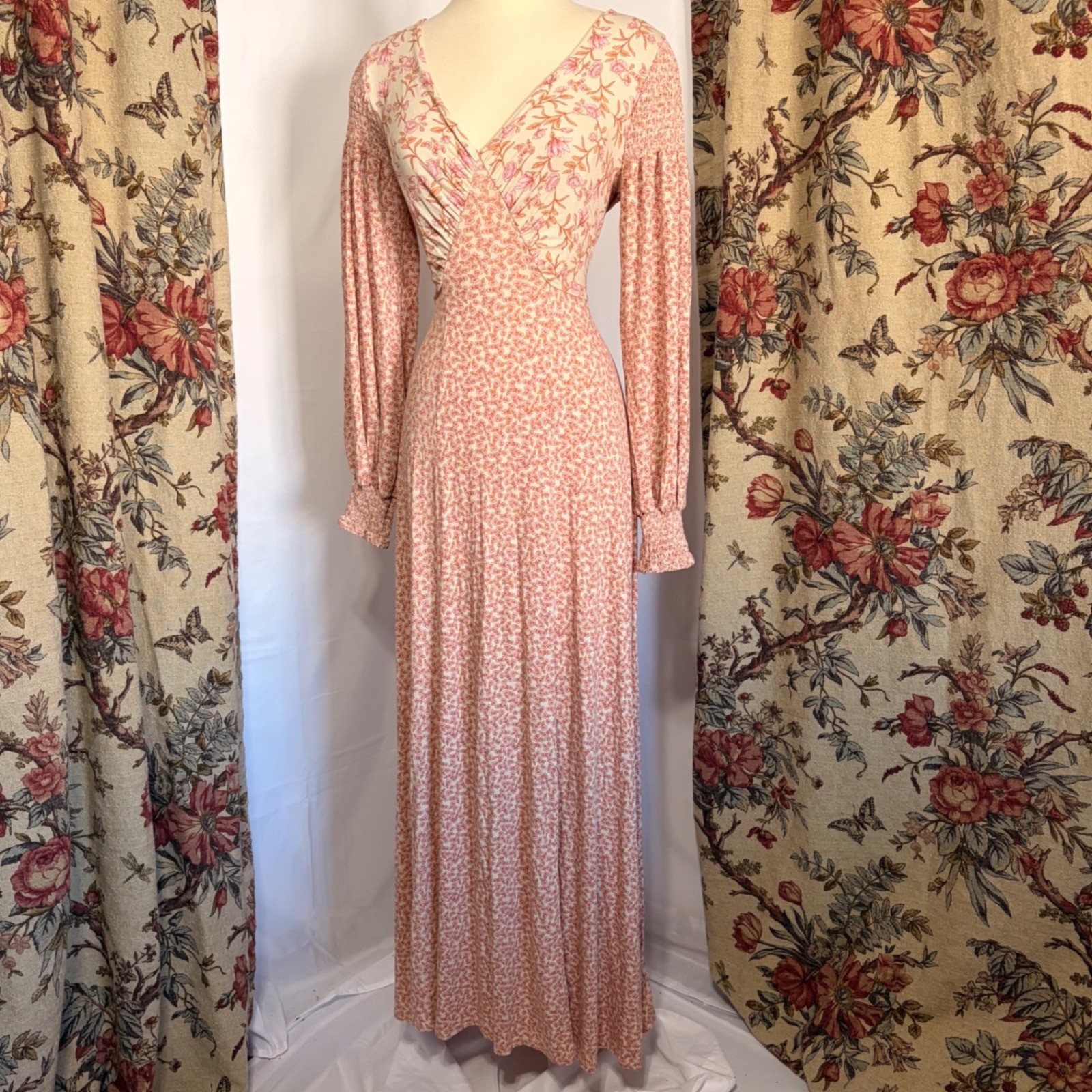 FREE PEOPLE Floral Mixed Print Maxi Dress with billowed sleeves and open back