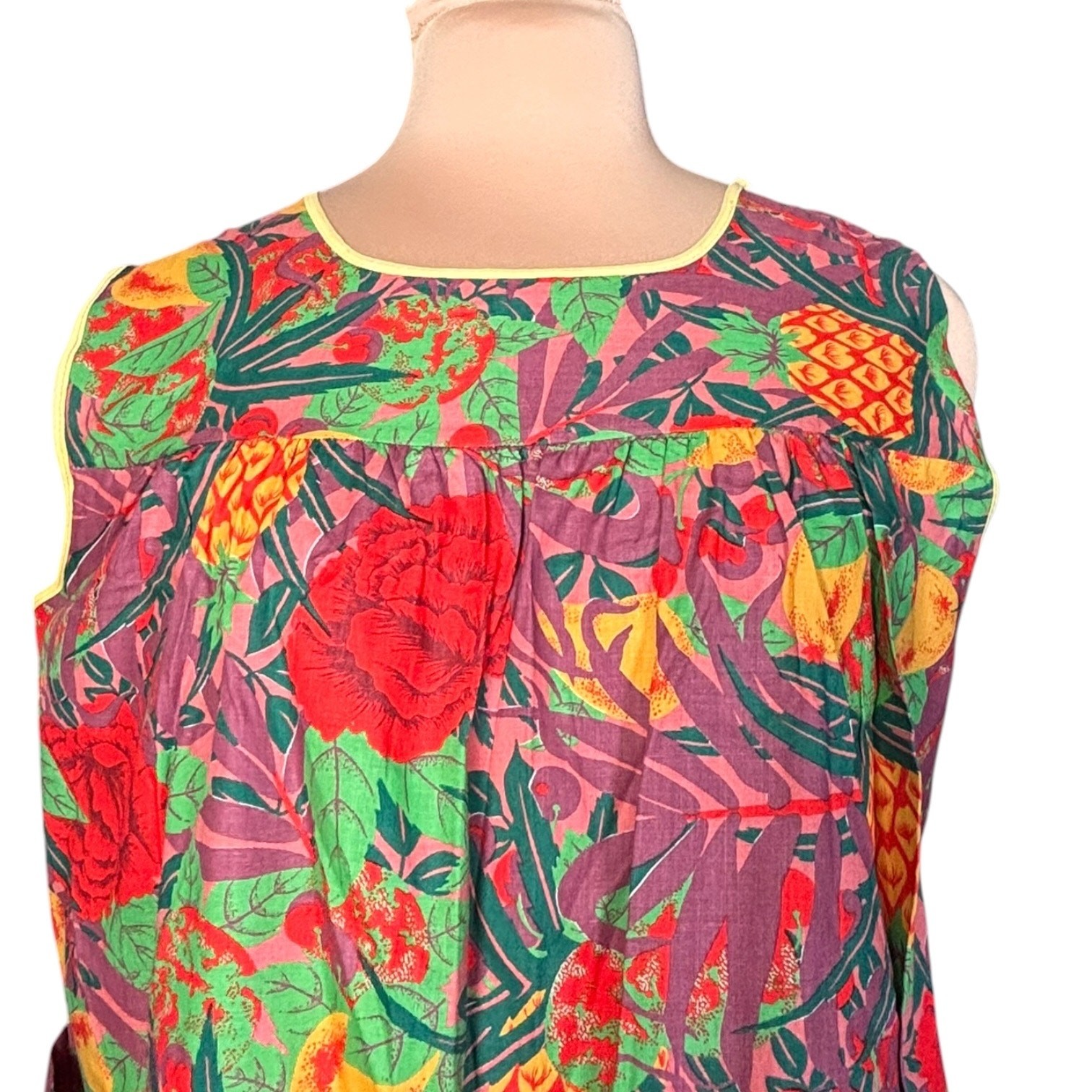 Vintage Tropical Fruit Floral House Dress Large Muumuu Pineapple Resort Wear