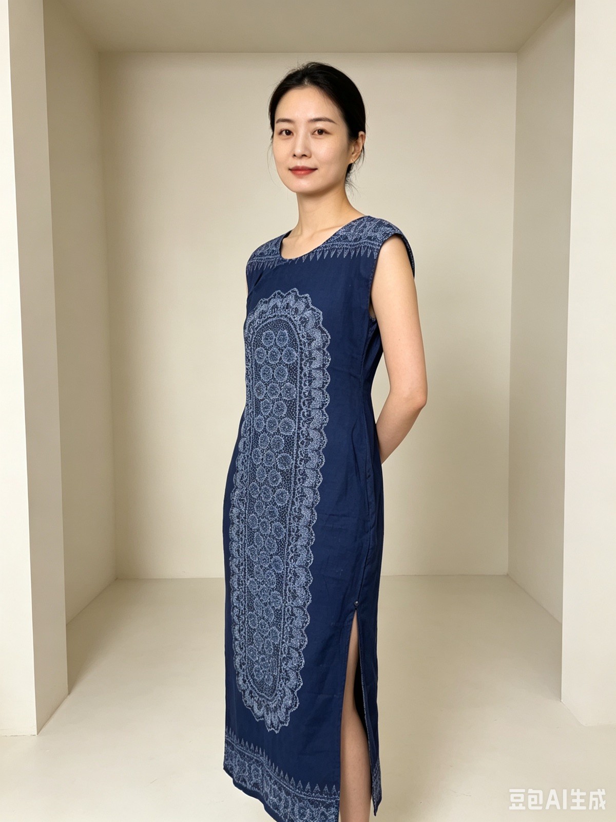 Handmade Indigo Qipao Cotton Linen Maxi Dress High Slit