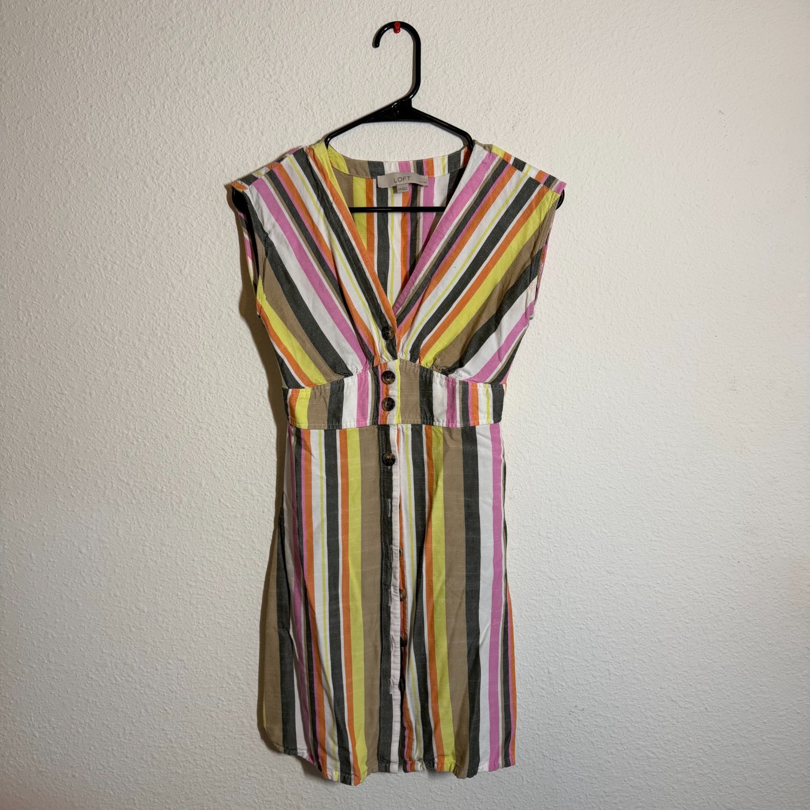 Loft Midi Dress Womens 00P Multi Striped Sleeveless Button Front V-Neck Pullover