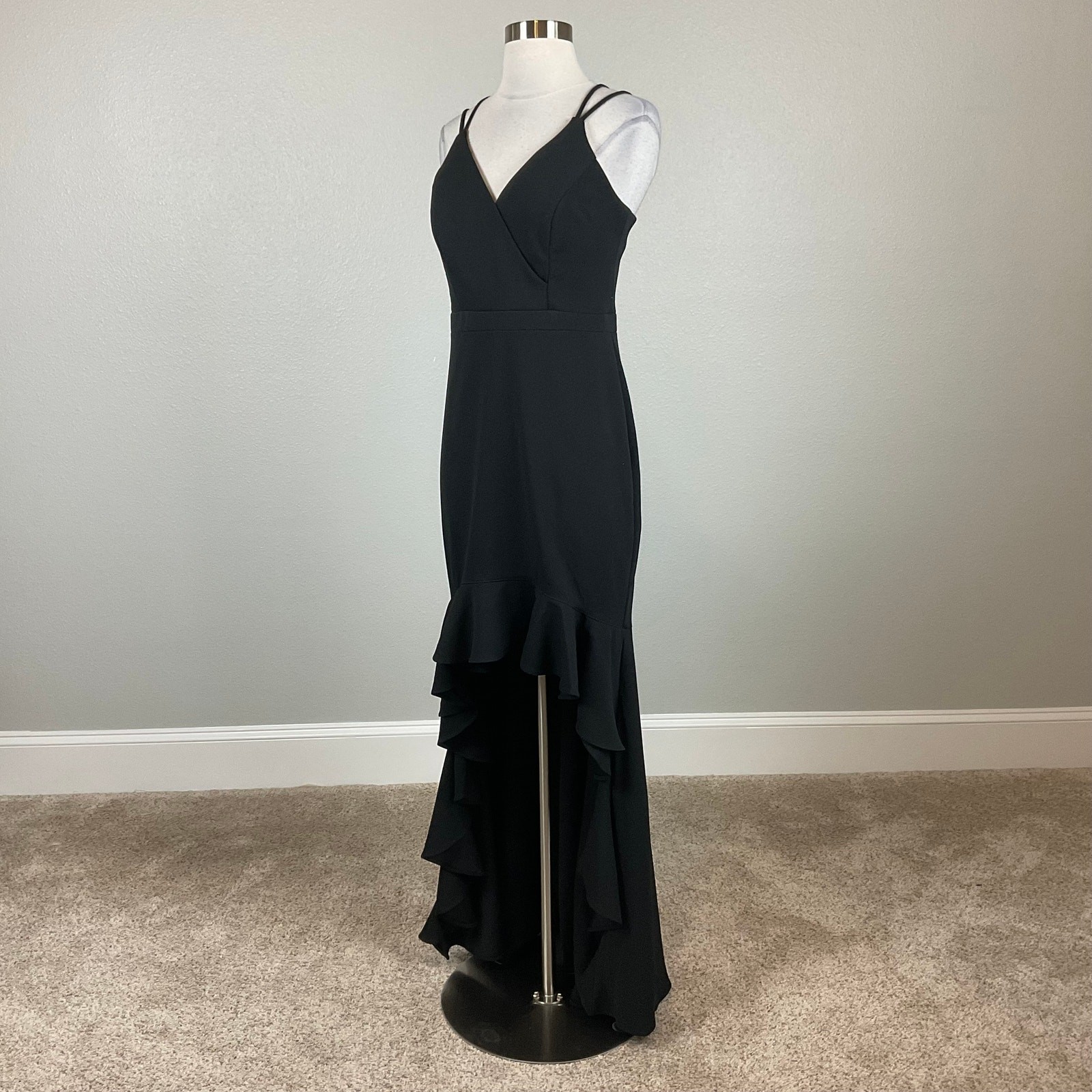 XSCAPE Black Evening Gown Ruffled High Low Sleeveless Sheath Dress Size 8