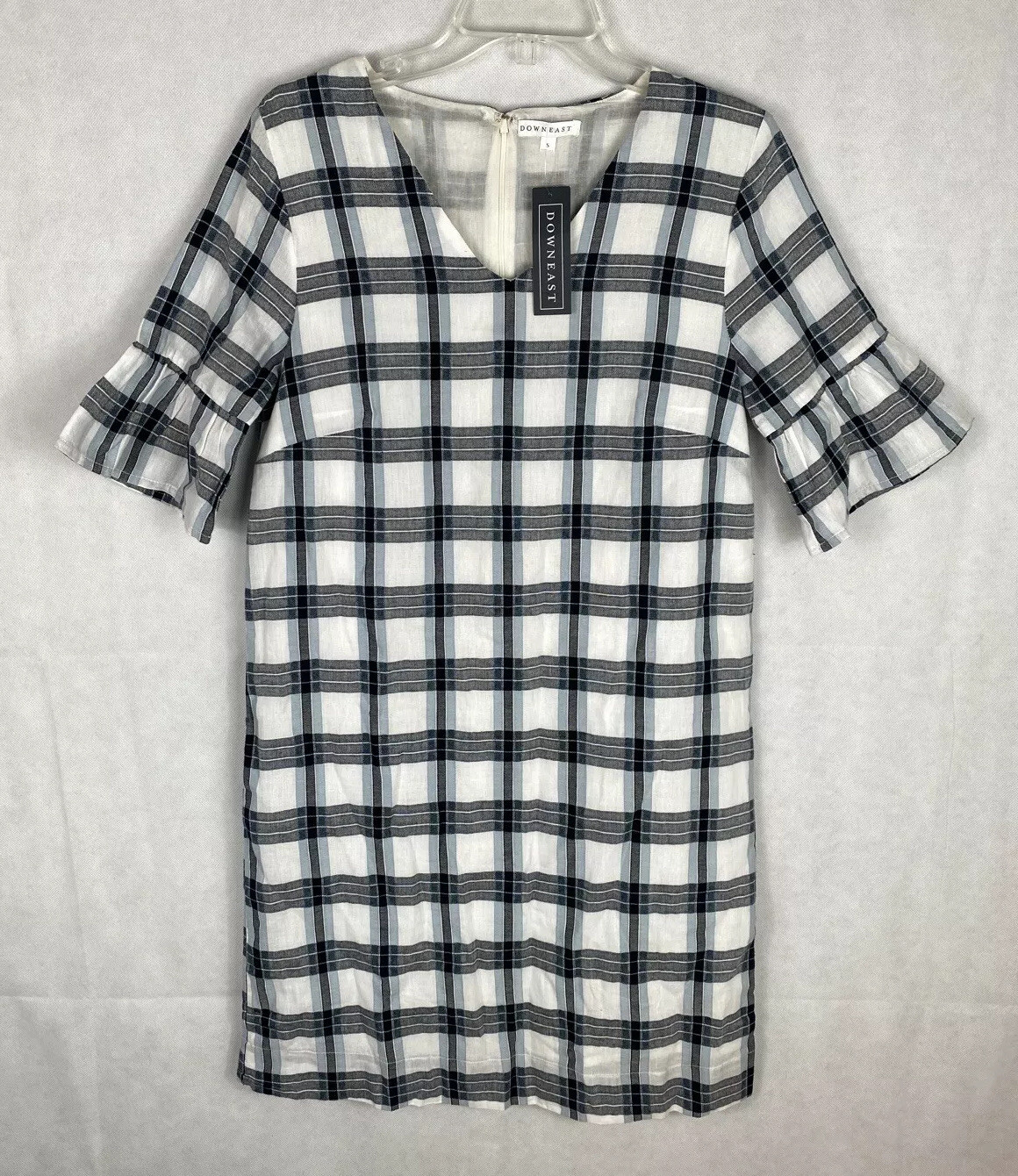 Downeast Size Small Navy White Plaid Whirlwind Crush Dress Ruffle SS Lined NWT