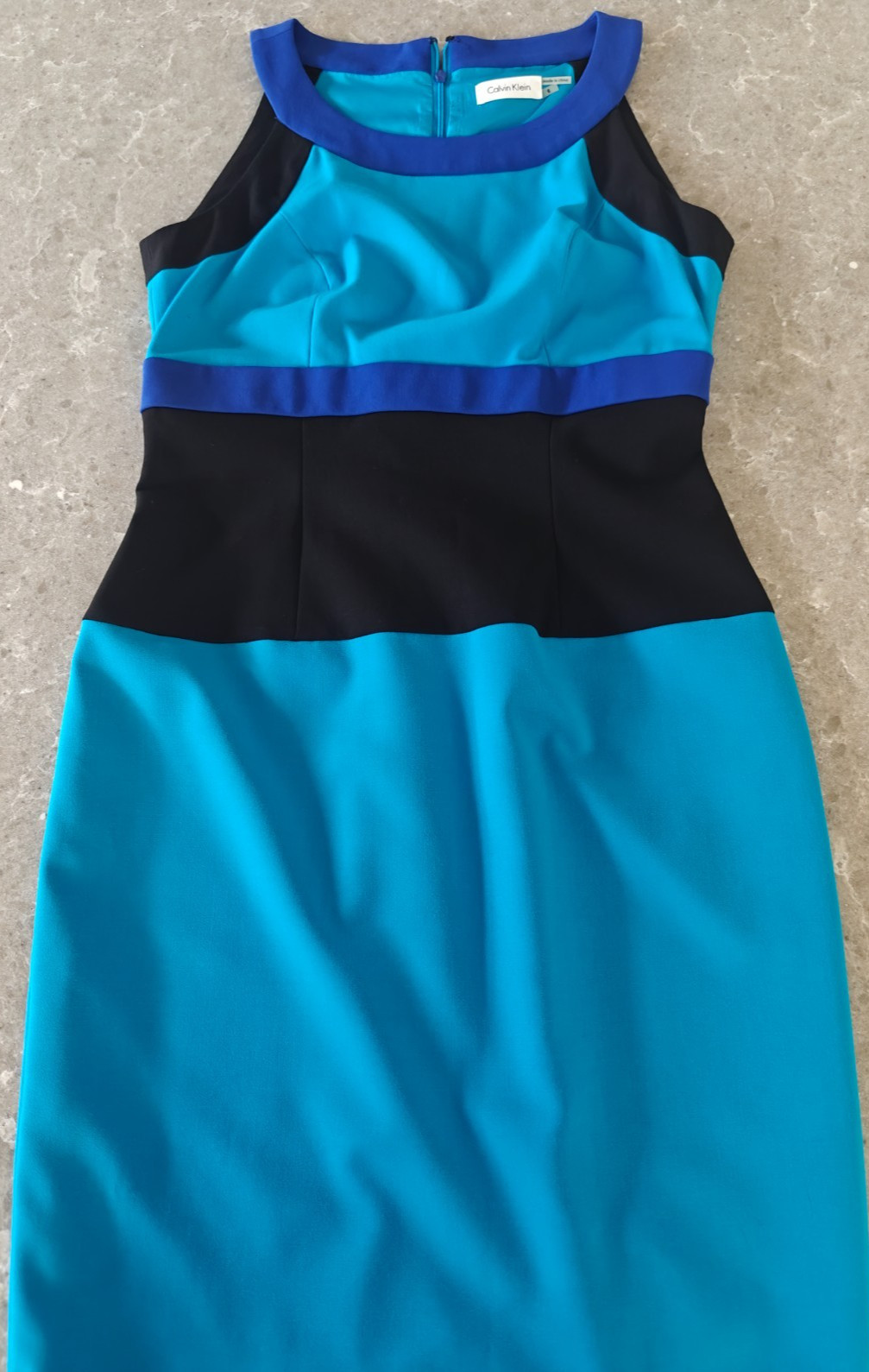 Calvin Klein Dress Size 6 Teal Blue Black Purple Striped Color Block Lined