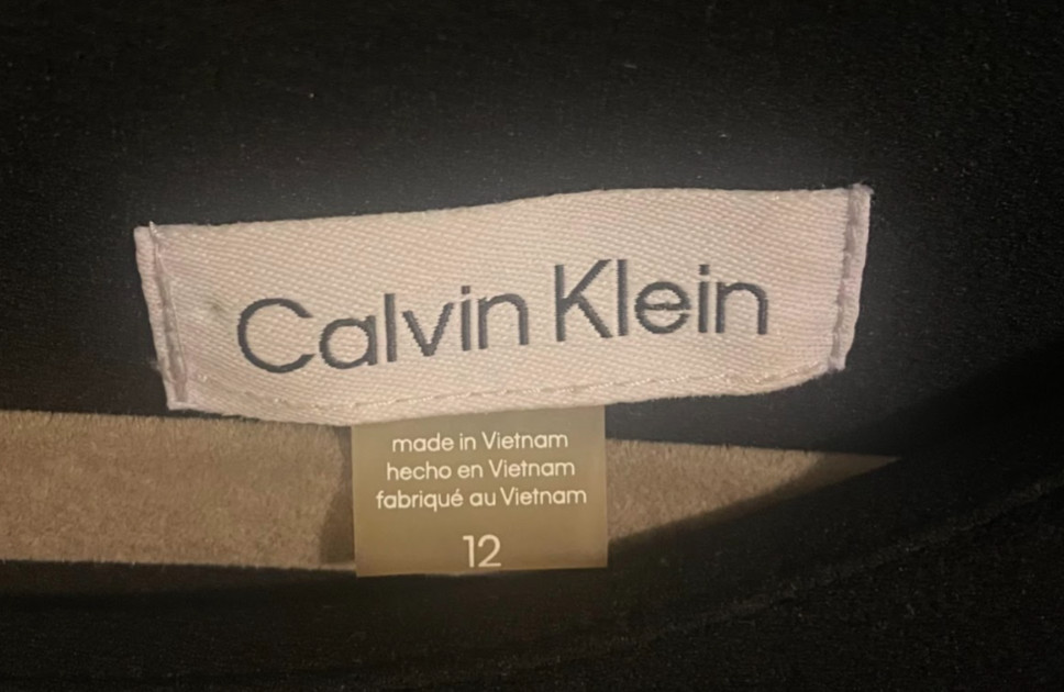 Calvin Klein Body Con Knee Length Black Dress with Silk Sleeves & Button Details