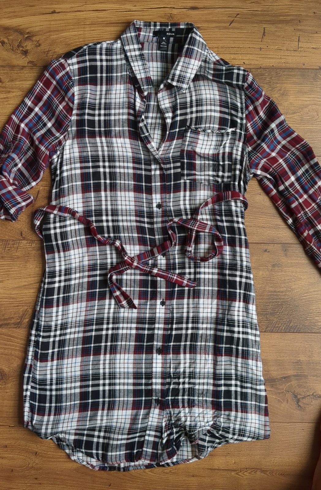 Aqua Womens Sz S Multi Plaid Collared Roll-Up Sleeve Shirt Dress