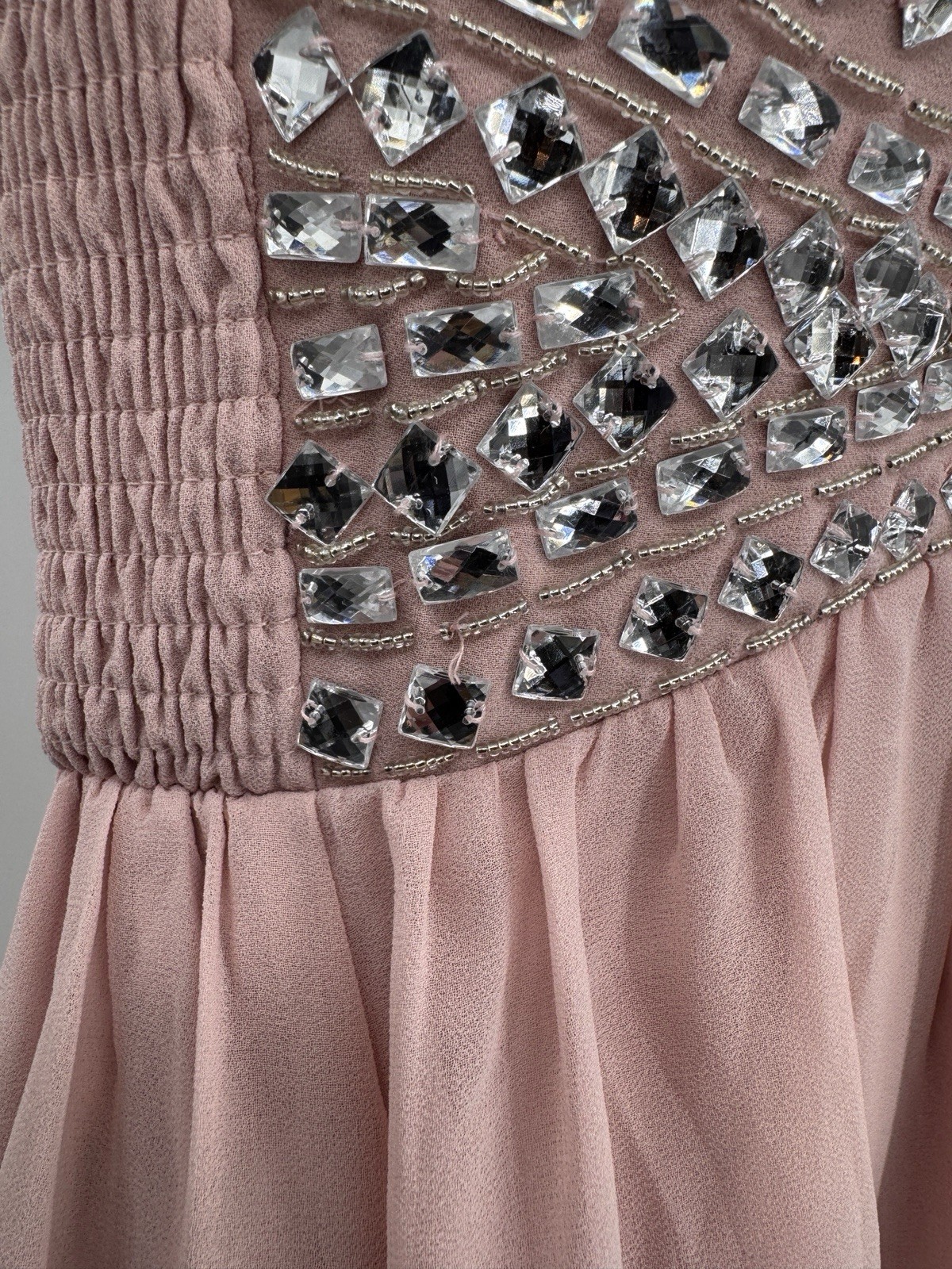 Y2K Izabel London Strapless Party Dress Size 8 Chiffon Light Pink Rhinestones