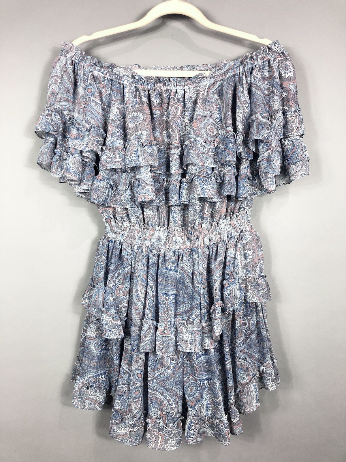 Misa Los Angeles Kailey Paisley Ruffled Off Shoulder Mini Dress SZ S Blue Tiered