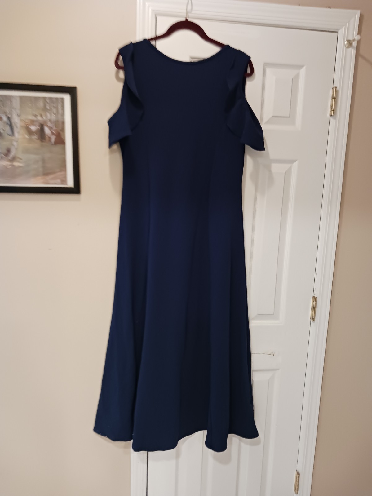 24seven Comfort Apparel Women’s Ruffled Cold-Shoulder Dress Navy Blue Size 1X