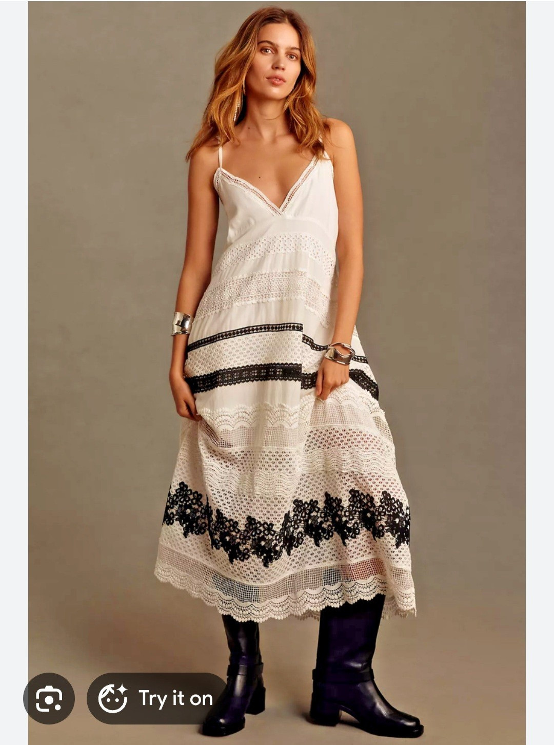 Anthropologie White Crochet Lace Midi Dress with Black Trim. Size 1x