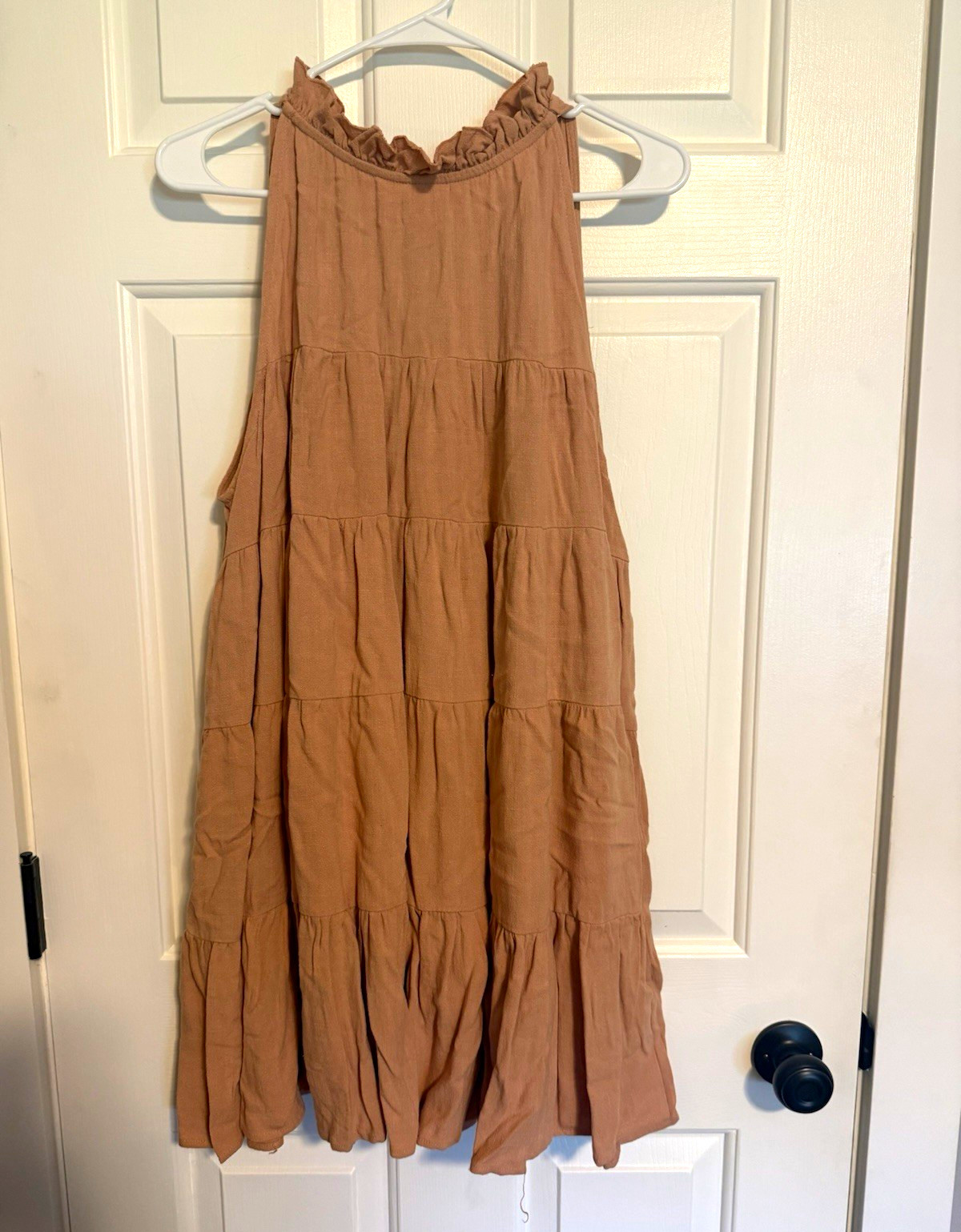 MABLE Brown Halter Tiered Ruffle Sleeveless Midi Dress Viscose Linen M