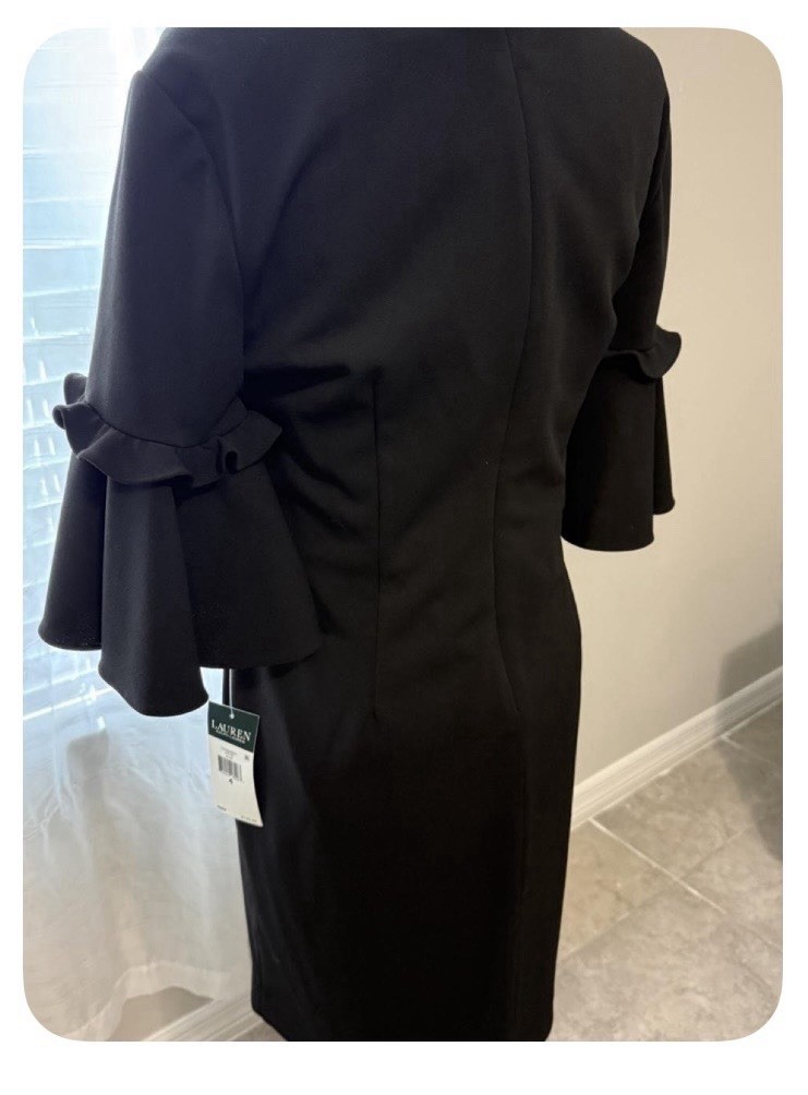 Lauren Ralph Lauren Black Solid Sheath Dress V-Neck Ruffle Flared 3/4 Sleeve 4