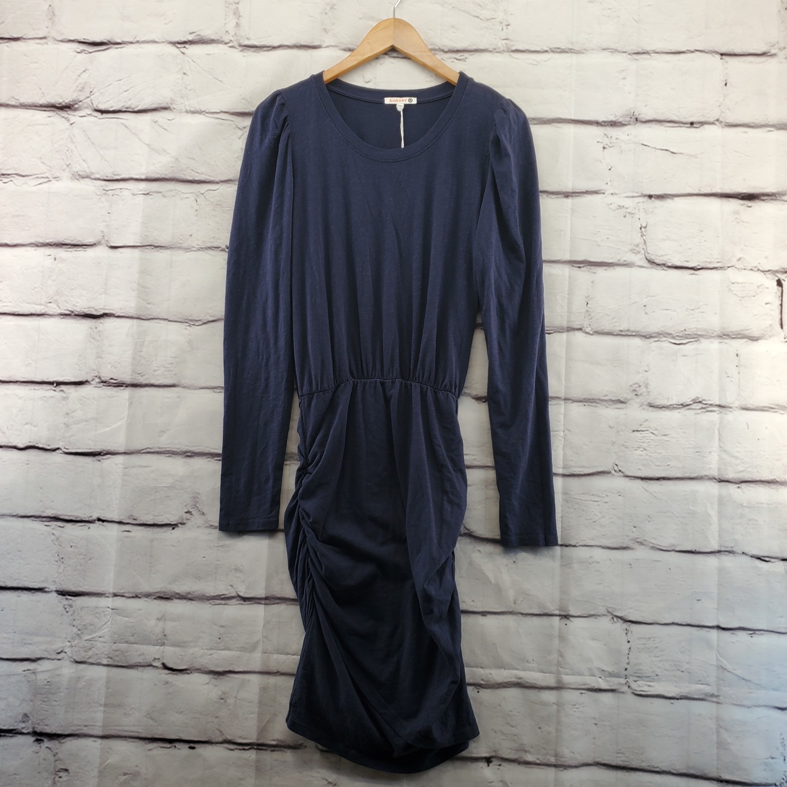 SUNDRY 2 Jersey Shift Dress Womens Medium Knee Ruched Sides Pullover Blue NWT