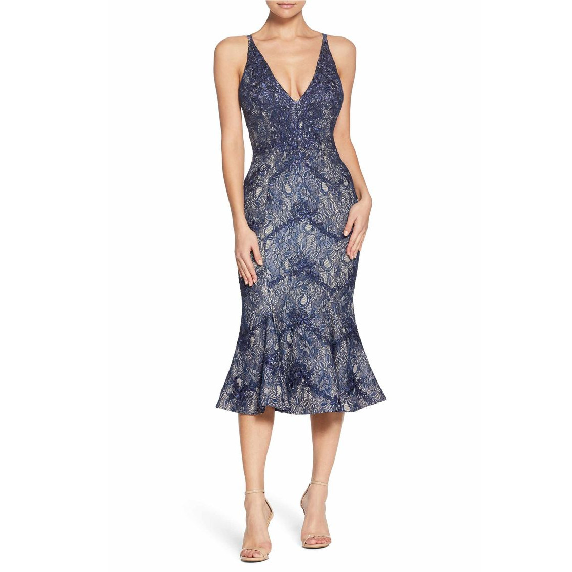 DRESS THE POPULATION ‘Isabelle’ Plunge V-Neck Lace Trumpet Midi Dress, XS