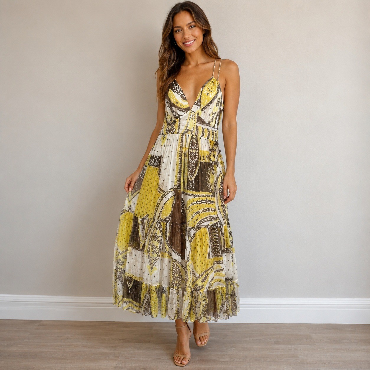 Elie Tahari Maxi Silk Dress Womens Babydoll 4 Yellow Brown Good Ikat Fairycore
