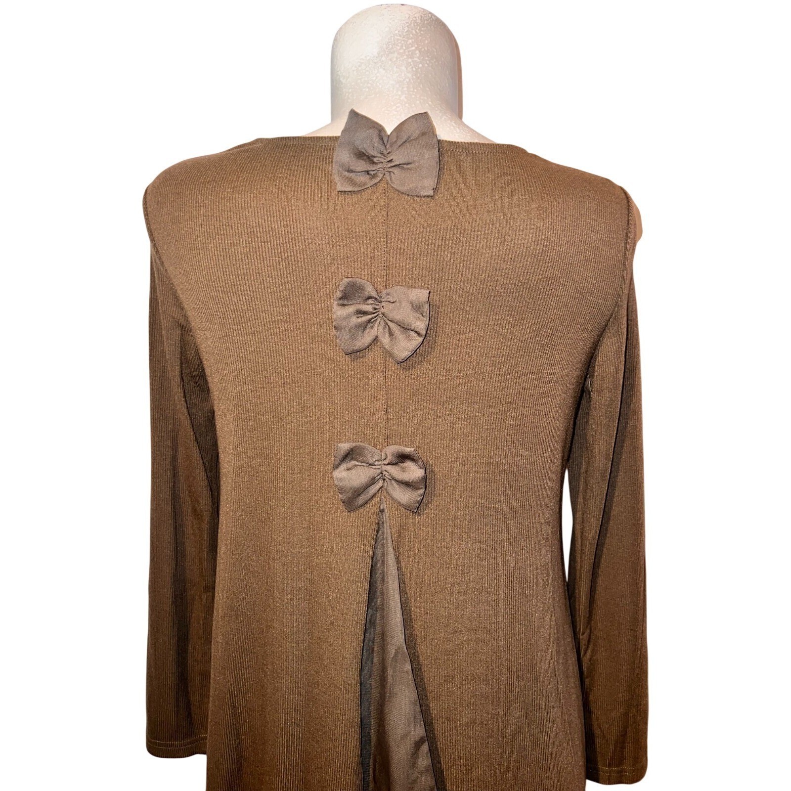 Brown Ribbed Knit Bow Back Layered Chiffon Hem Long Sleeve Tunic Mini Dress S