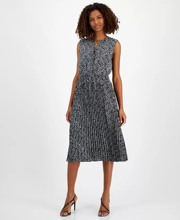 T Tahari Women’s Split V Neck Print MIDI Dress – Black White – Size M