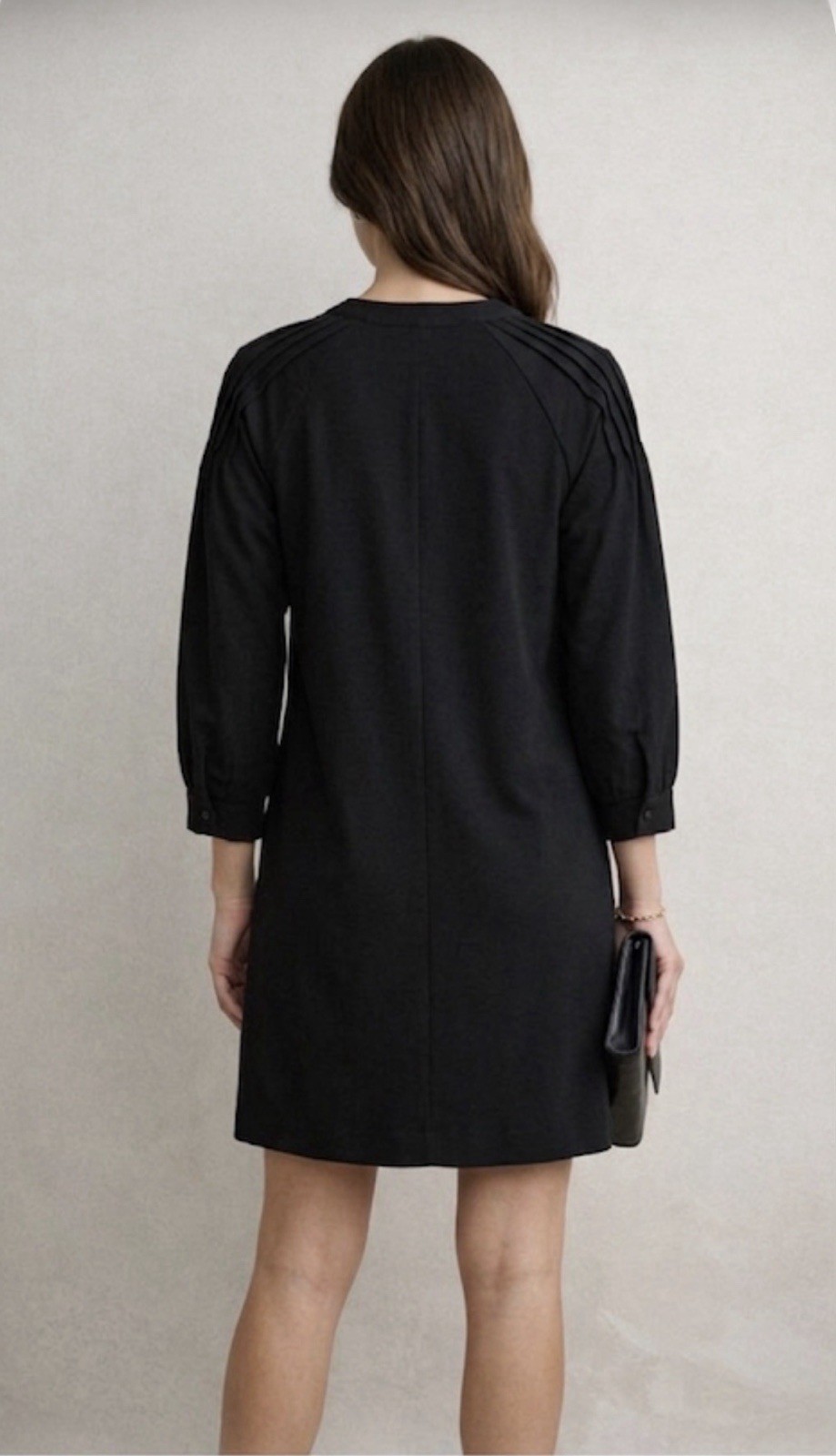 Brochu Walker Black Shift Dress Sz M Pleated Sleeves Quiet Luxury Minimalist