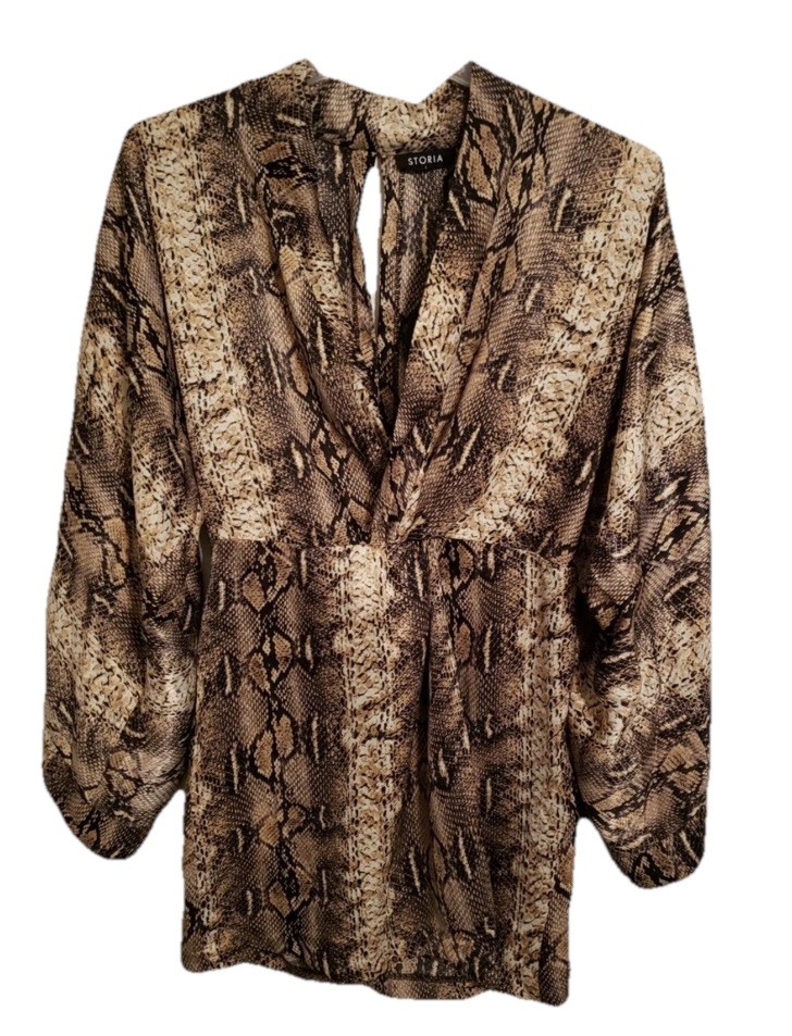 NWT Storia Size Small Snakeskin Dress Mini 3/4 Sleeve Ruched At Waist Party Boho