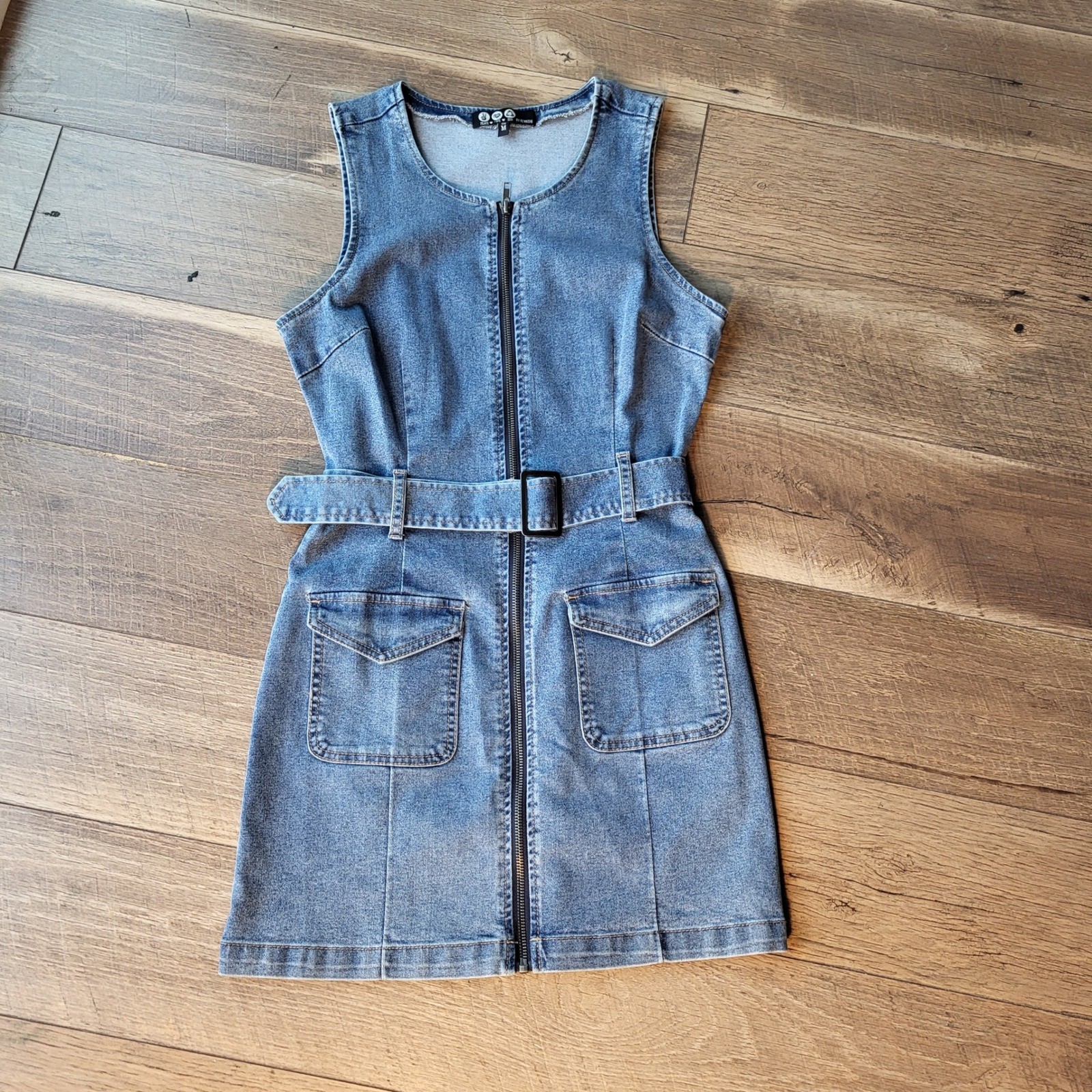 Peace Love Eco by Rewash Blue Denim Zip Front Belted Mini Dress Medium