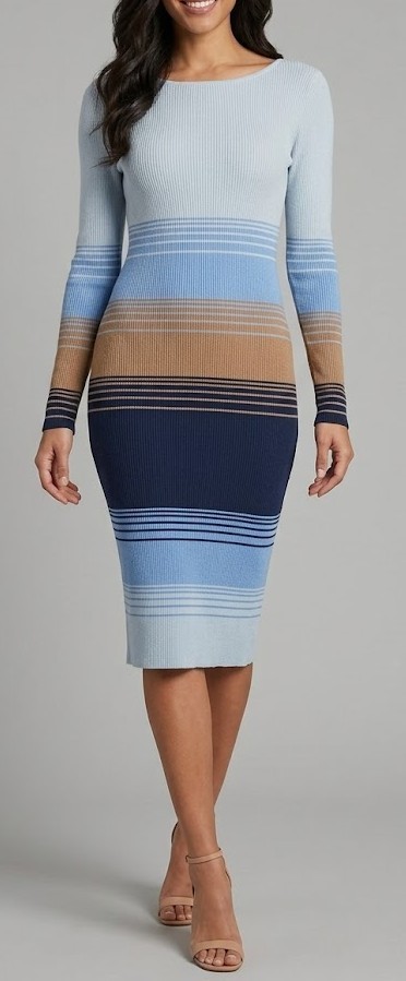 Madden Girl Size L Ribbed Long Sleeve Sweater Dress Blue Stripe Bodycon Midi.