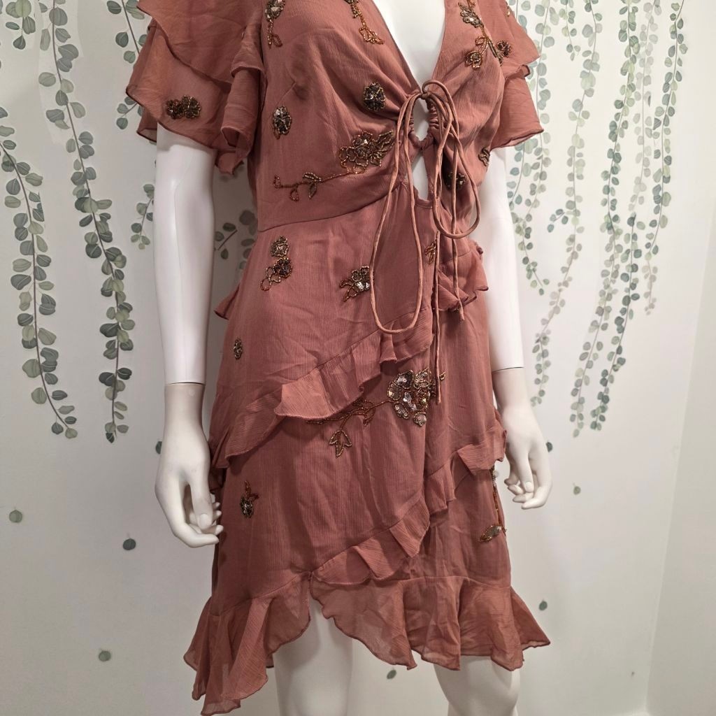 ASOS Design Beaded Ruffle Mini Dress Dusty Rose US 12 NWT