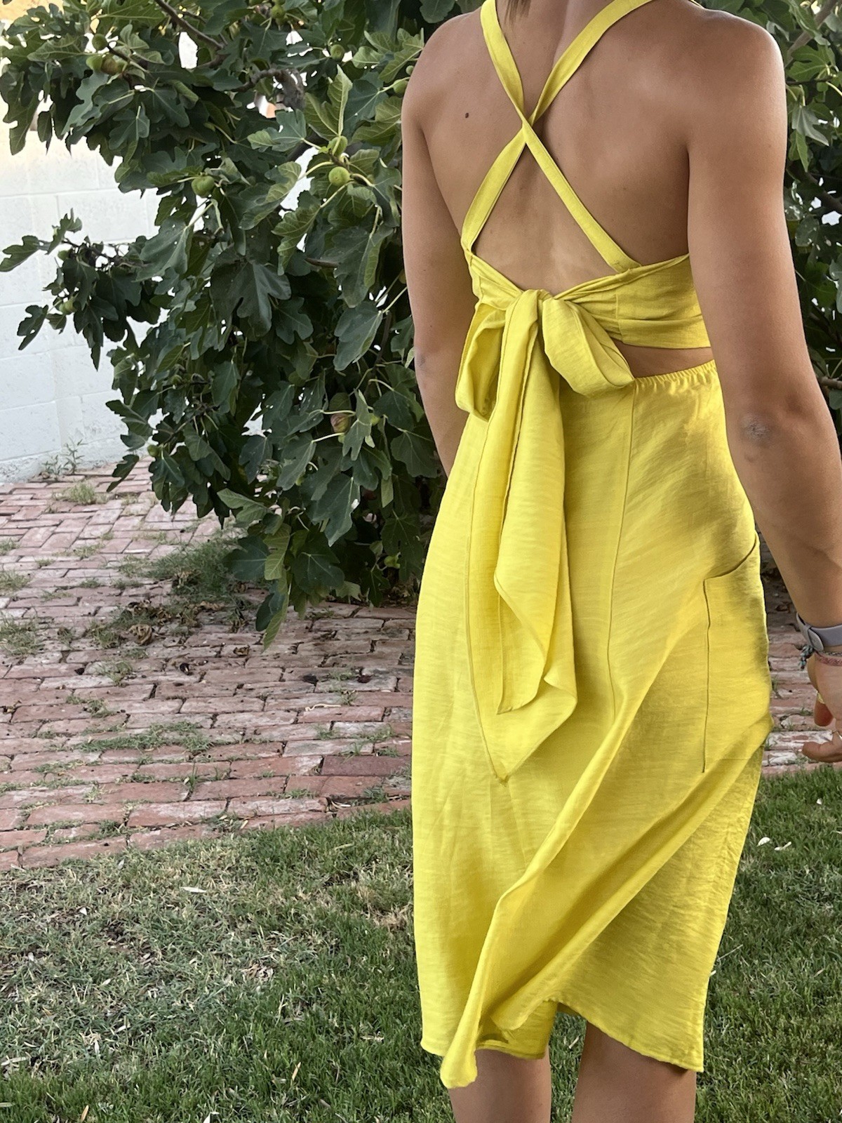 Lumiere Chartreuse yellow Button-Front Midi Dress Sz S Square Neck Open Back