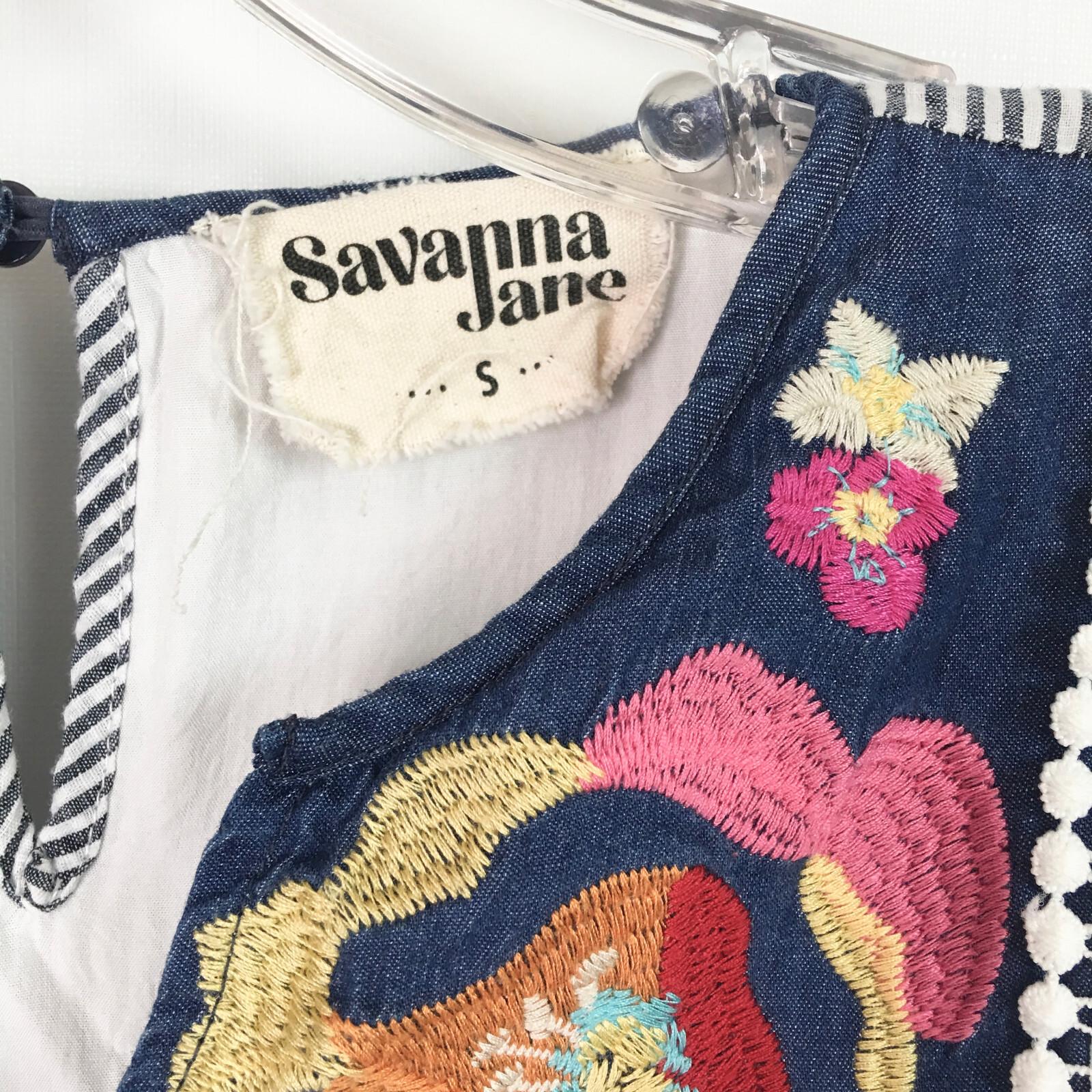 Savanna Jane Womens Small Mini Dress Tunic Blue Stripe Embroidered Flower Bib