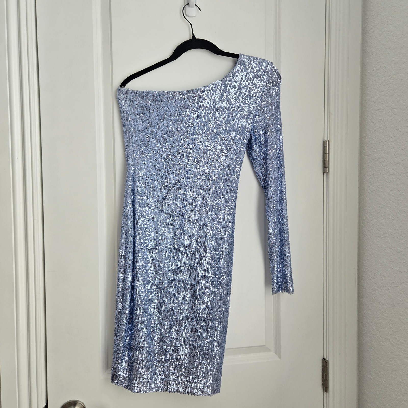 Nookie Womens One Shoulder Sequin Mini Dress Light Blue Long Sleeve Small