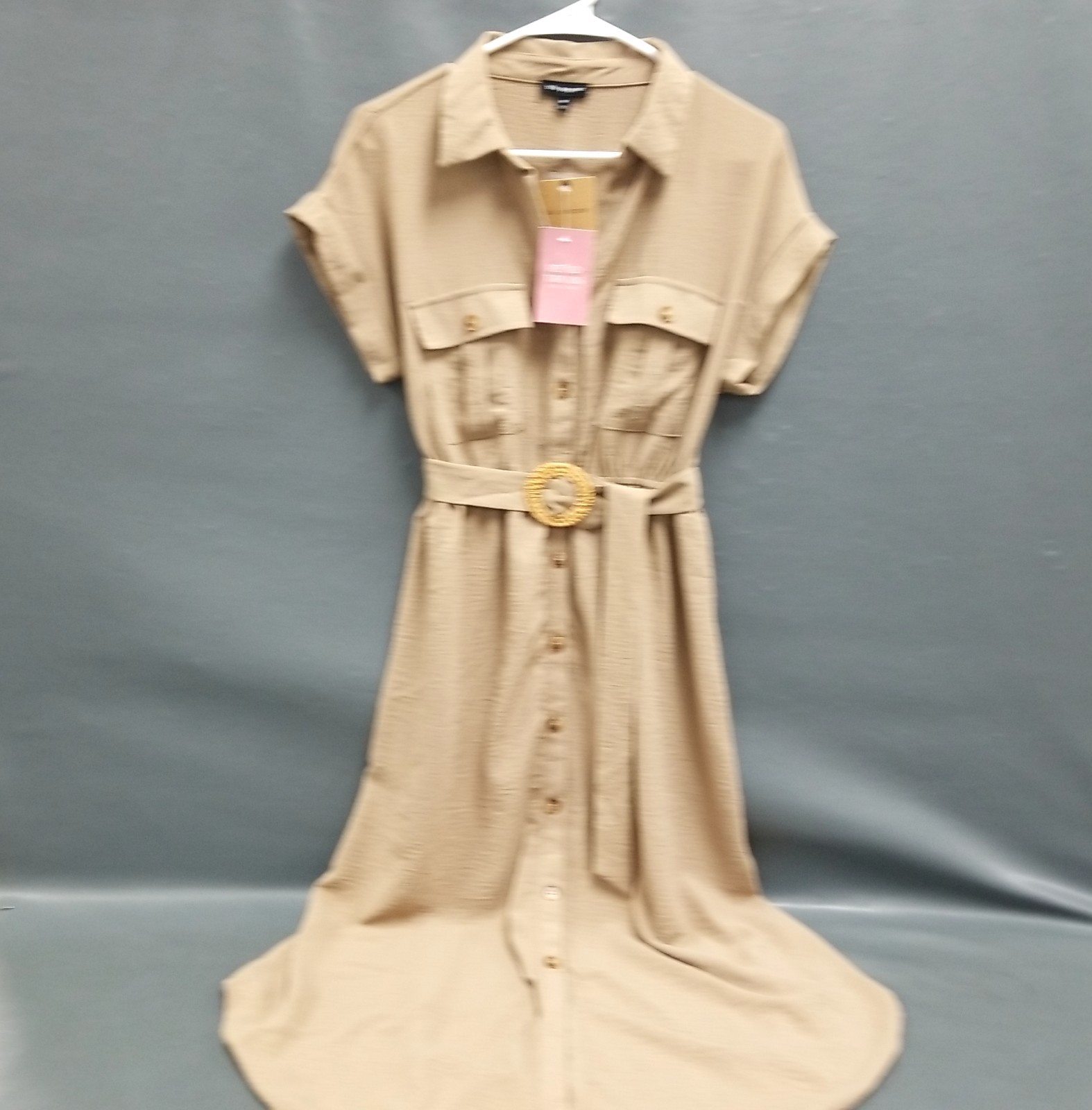 BLU PEPPER NWT Collared Button Down Belted Mid Dress CR2250 Tan Sz M