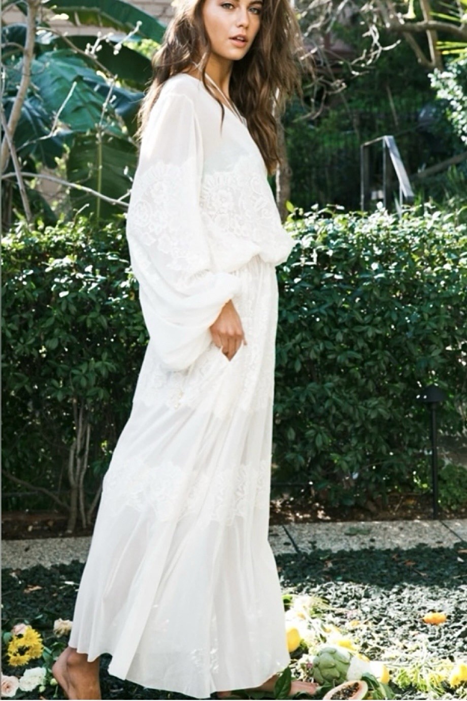 HAH Royal HAHness Eggshell Sheer Lace Maxi Dress XS/S Balloon Sleeve Pockets